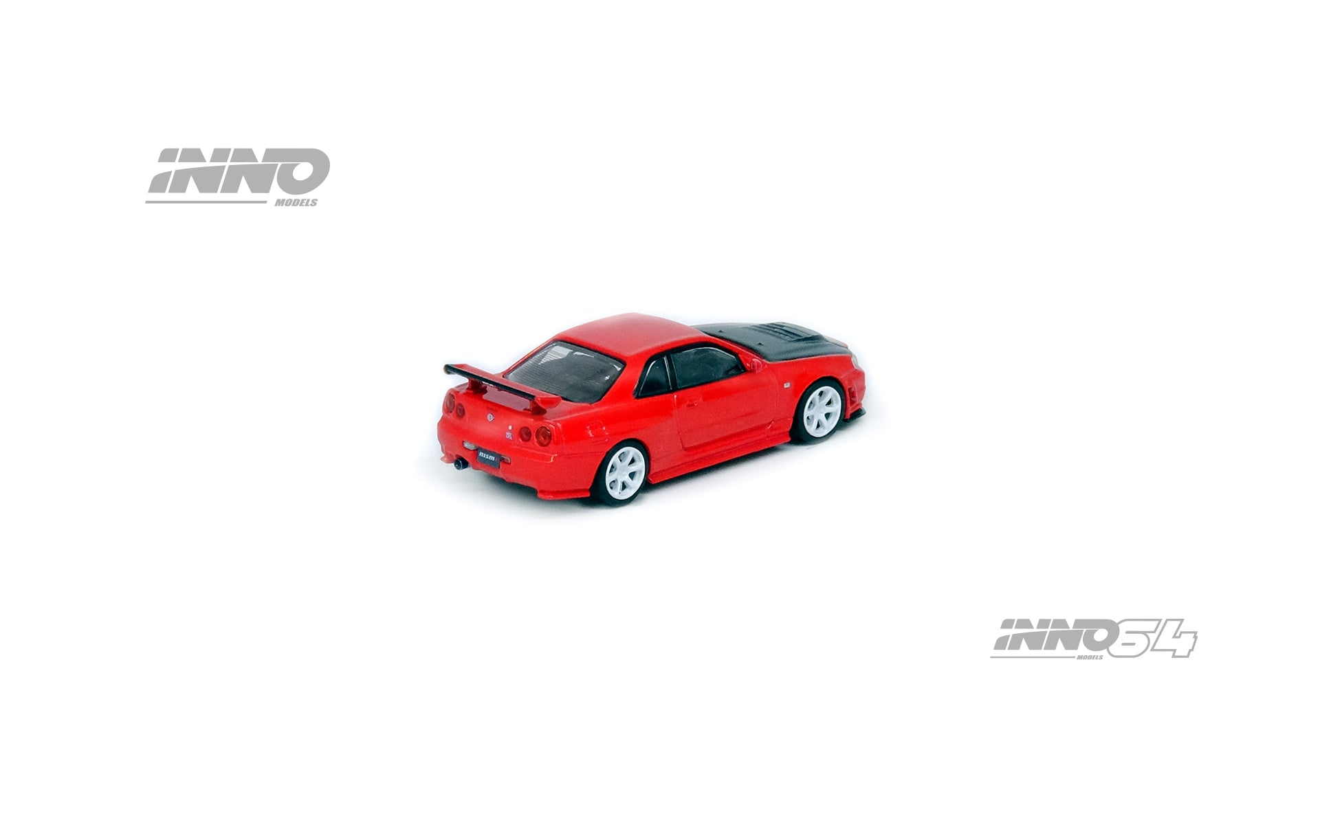 INNO64 1:64 Scale Nissan Skyline GT-R R34 R Tune Diecast Model Car - Active Red with Carbon Fiber Hood - Perfect for Collectors, Display & Racing Enthusiasts