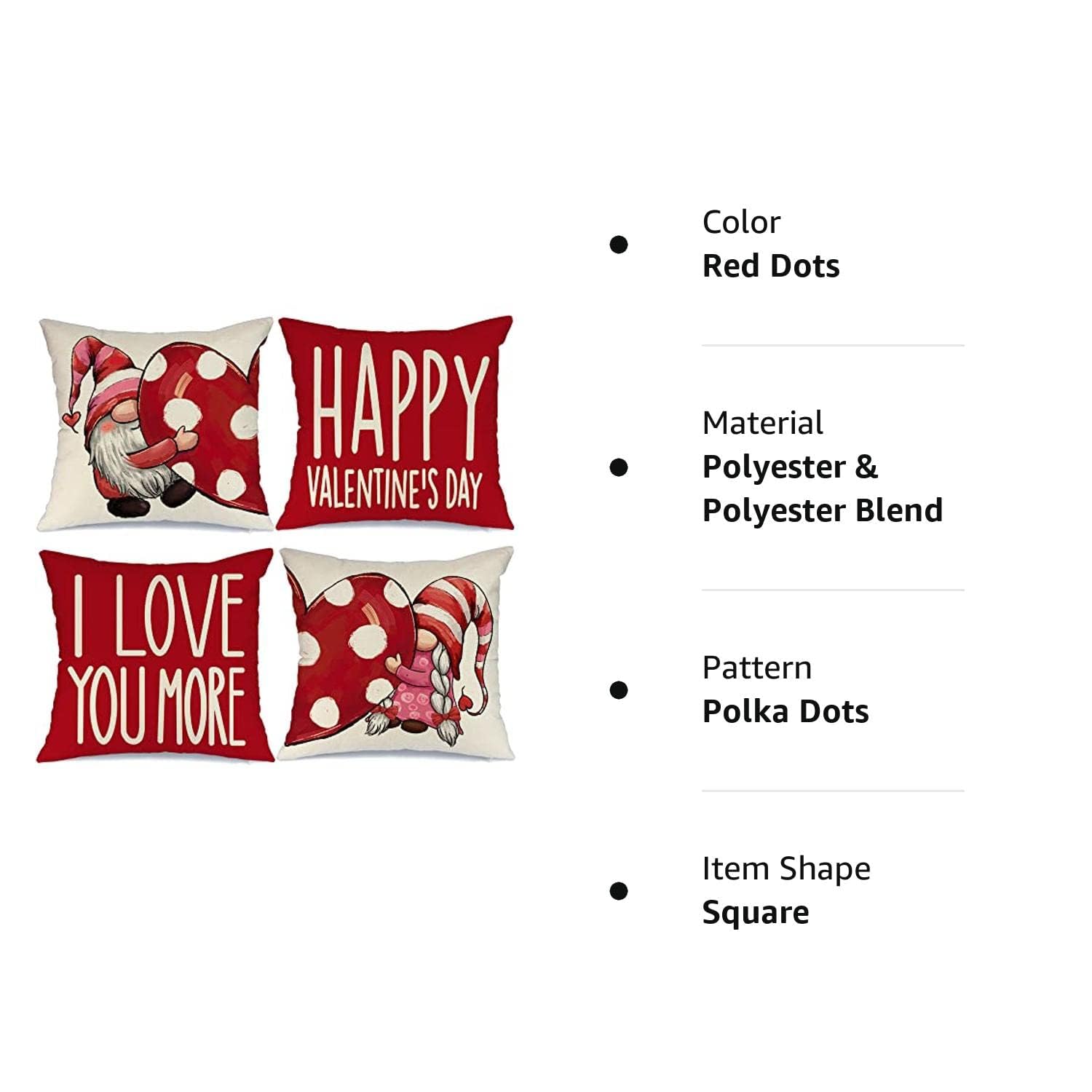 Valentine's Day Pillow Covers 20x20 Inch Set of 4 - Red Polka Dot Heart Gnome Decor for Home, Couch & Bedroom - Romantic Throw Pillow Covers for Valentine's Gifts, Couples & Anniversary Decorations