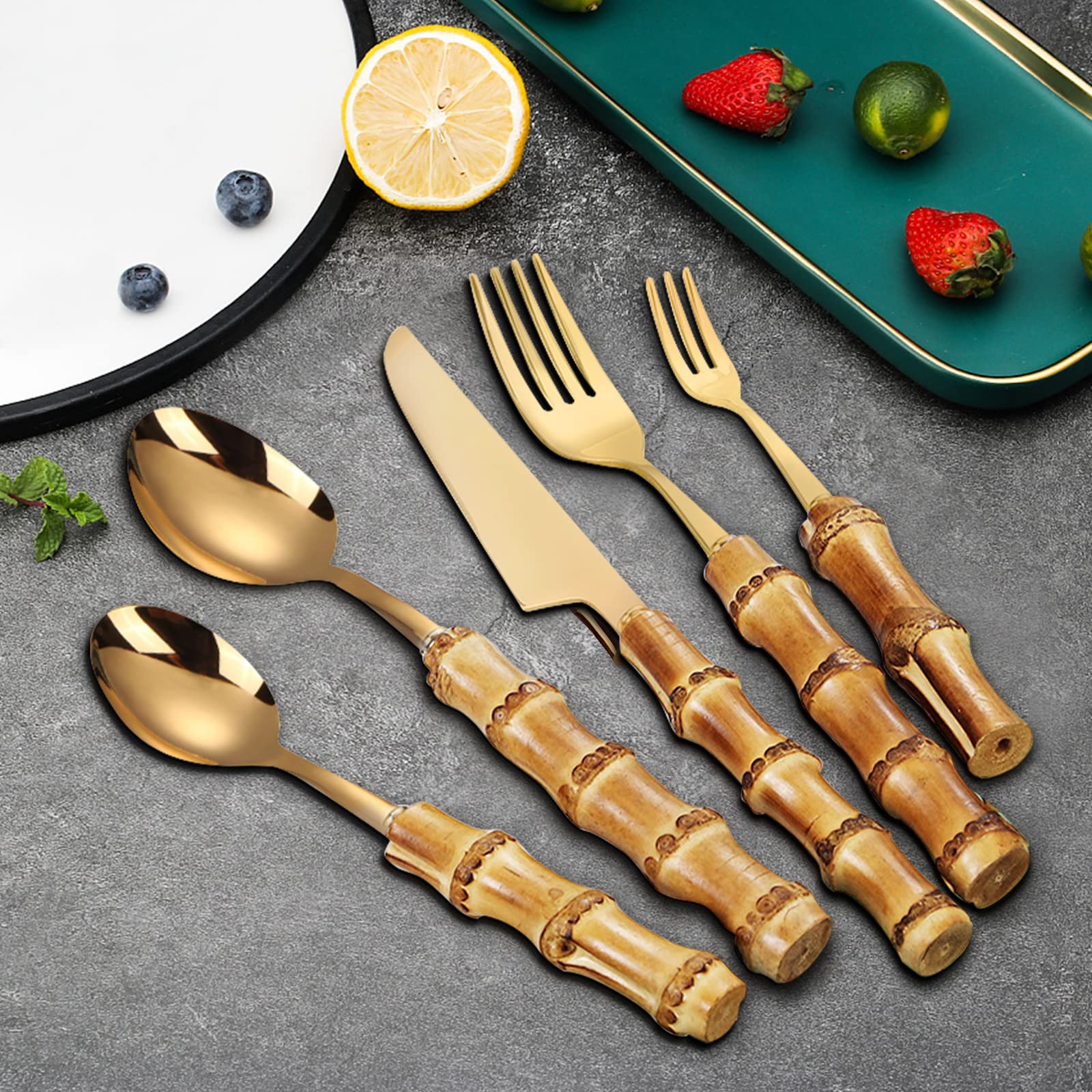 Premium 60-Piece Bamboo Handle Silverware Set for 12 - 18/8 Stainless Steel Golden Flatware Cutlery Set - Dishwasher Safe Kitchen Utensils - Perfect for Dinner Parties, Restaurants & Everyday Dining (12 Place Settings)