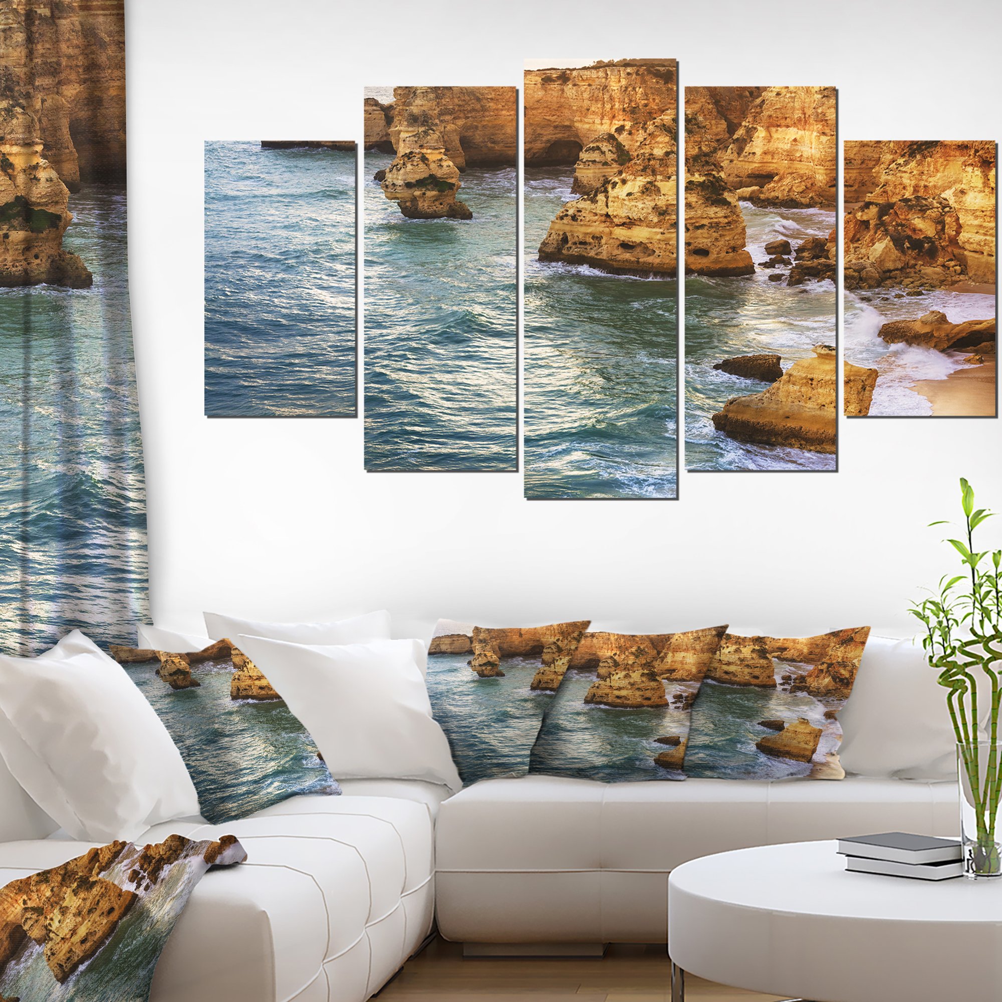 Designart Golden Rocks and Beach at Algarve - Extra Large Seashore Canvas Wall Art Print for Living Room, Bedroom & Office Decor