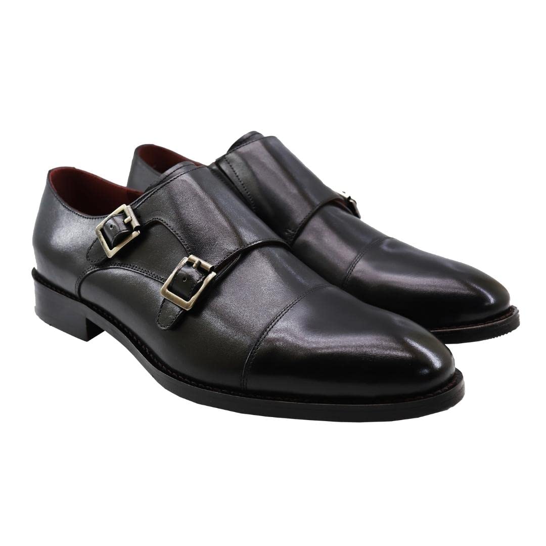 Marc Brunell Men's Genuine Leather Double Monk Strap Dress Shoes with Steel Buckle - Classic Formal Business Oxfords in Wooden Gift Box (Includes Extra Laces & Shoe Care Kit) - Perfect for Office, Weddings & Special Occasions