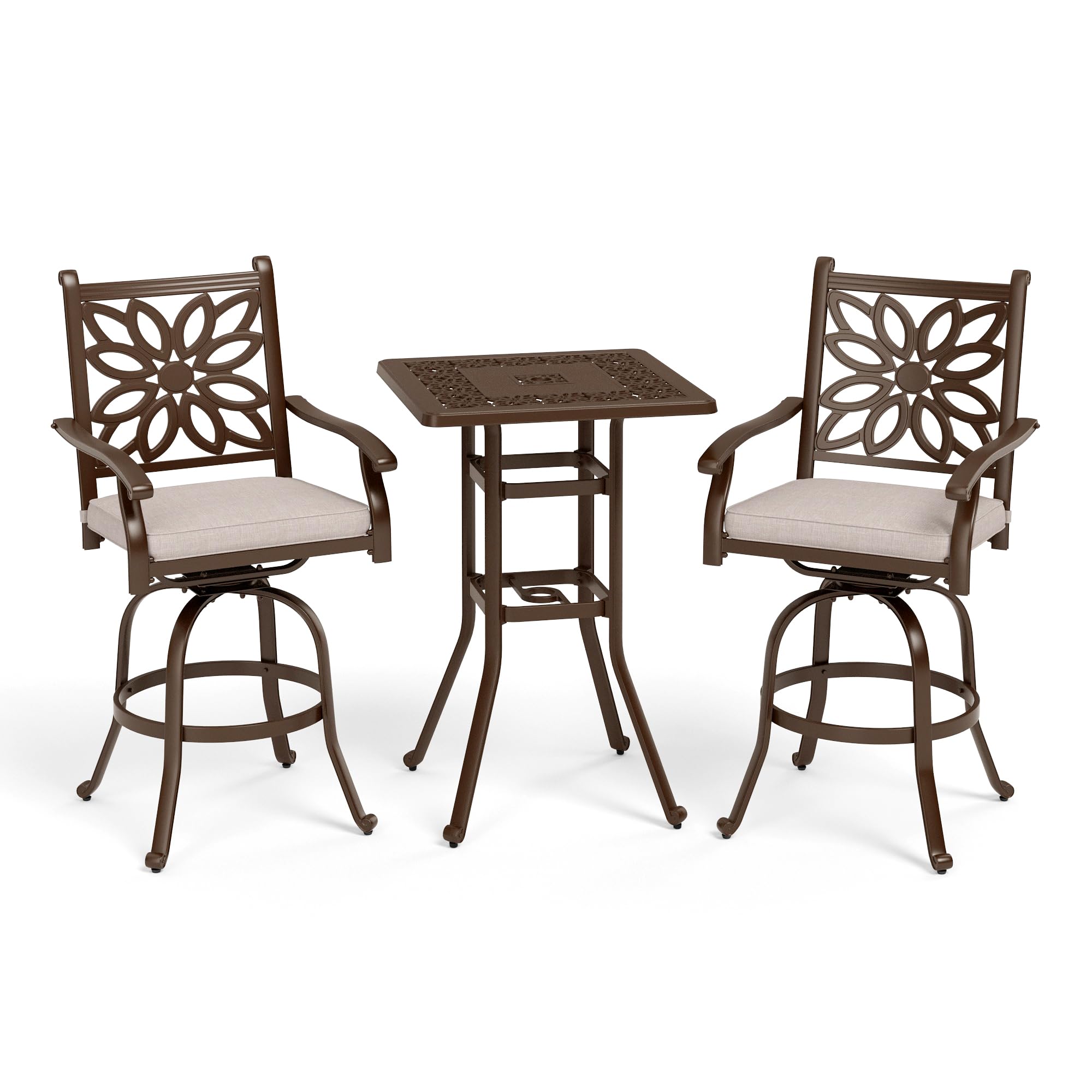 Sophia & William 3-Piece Cast Aluminum Outdoor Bar Set - Square Patio Bar Table with 2 Swivel Bar Stools, Modern Counter Height Bistro Set for Backyard, Deck, Garden or Poolside Relaxation