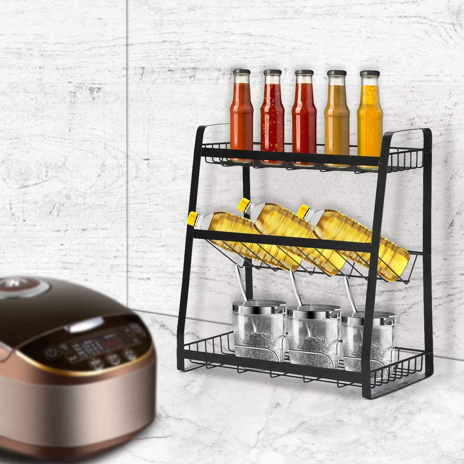 3-Tier Metal Spice Rack Organizer - Standing Kitchen Seasoning Shelf for Spice Bottles, Vegetable & Fruit Storage Basket - Multi-Purpose Jar Organizer for Pantry, Countertop & Cabinet Organization
