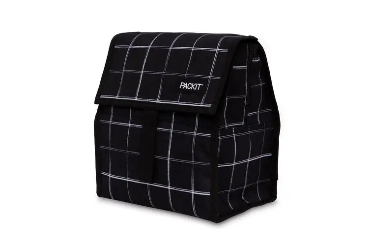 Packit Freezable Lunch Bag - Insulated Cooler for Work, School & Picnics - Black Grid Design - Leakproof & Reusable Lunch Box for Adults & Kids