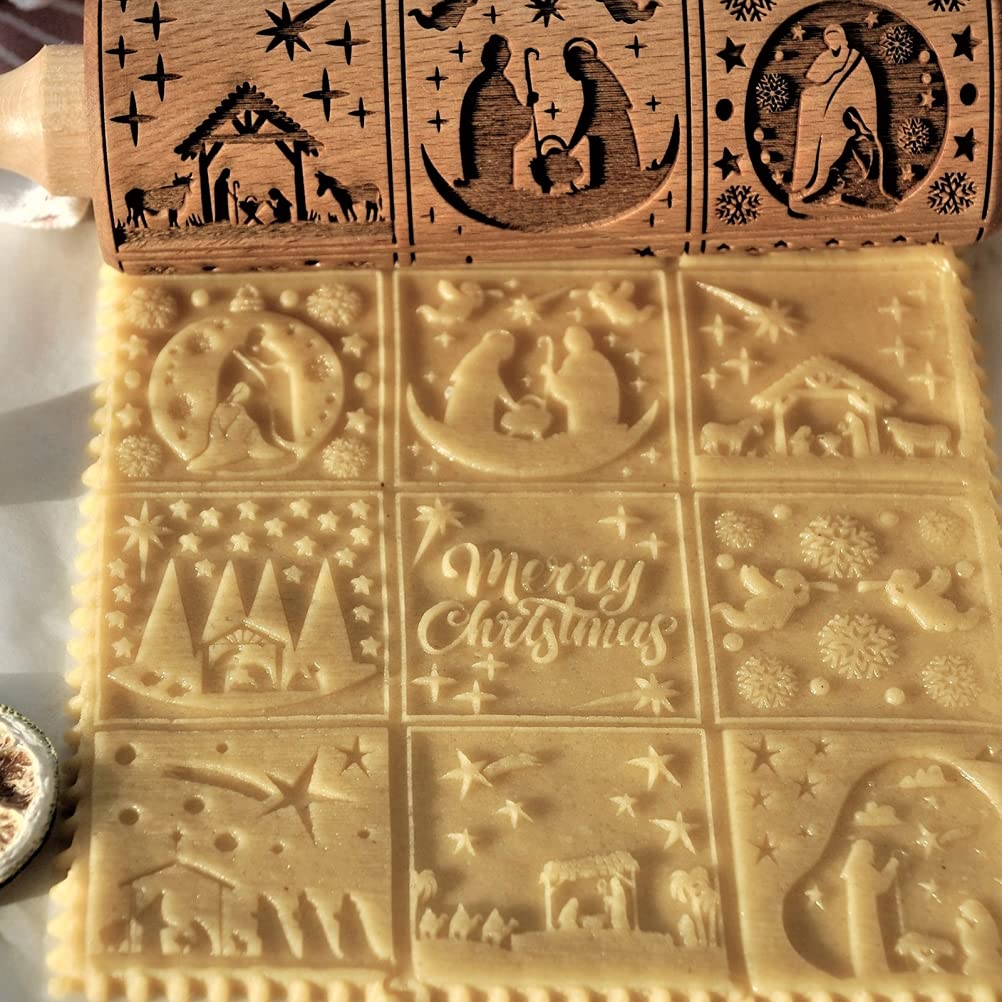 Christmas Nativity Embossing Rolling Pin - Wooden Non-Stick Cookie Dough Roller for Holiday Baking | Perfect for Christmas Cookies, Gingerbread, and Festive Pastry Making