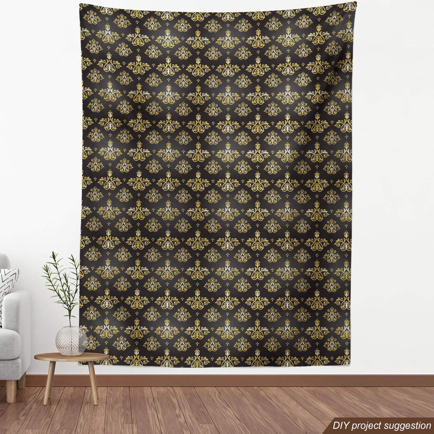 Ambesonne Yellow Damask Fabric - Venetian Floral Upholstery for Home Decor