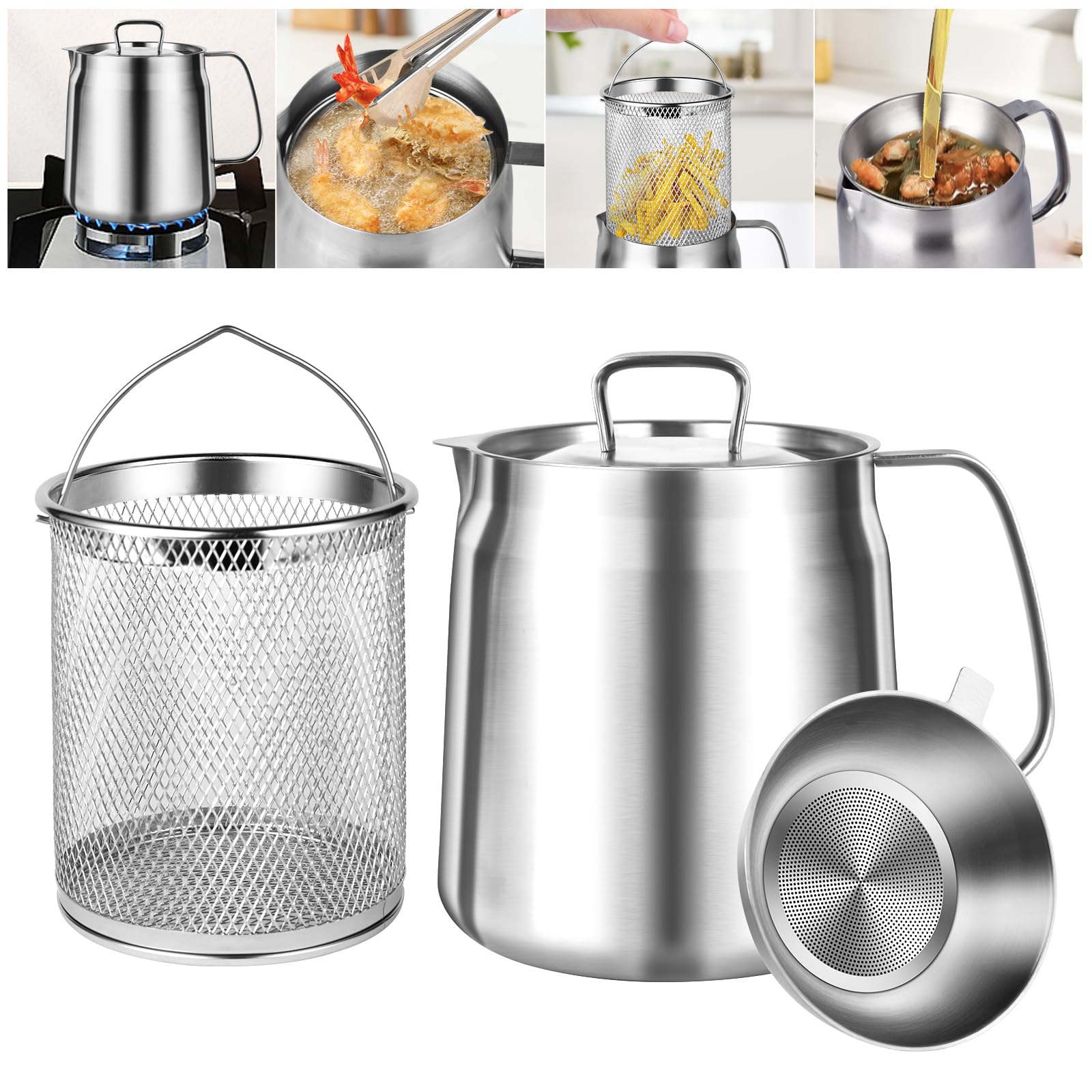 Premium 304 Stainless Steel Oil Filter Pot - 68oz/2L Bacon Grease Container with Fine Mesh Strainer & Frying Basket - Large Capacity Multifunctional Kitchen Oil Strainer for Cooking, Frying, Camping & Outdoor BBQ