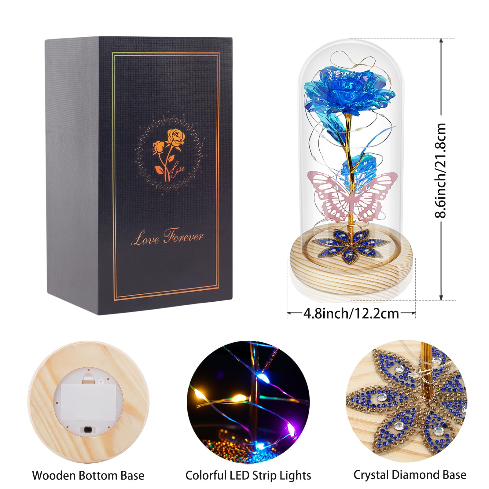 Beferr Preserved Rose in Glass Dome - Eternal Artificial Flower Gift for Women, Mom, Wife, Daughter, Grandma - Birthday, Mother's Day, Anniversary Present - Blue Galaxy Rose - Perfect for Home Decor, Office Desk, Romantic Surprise & Special Occasions