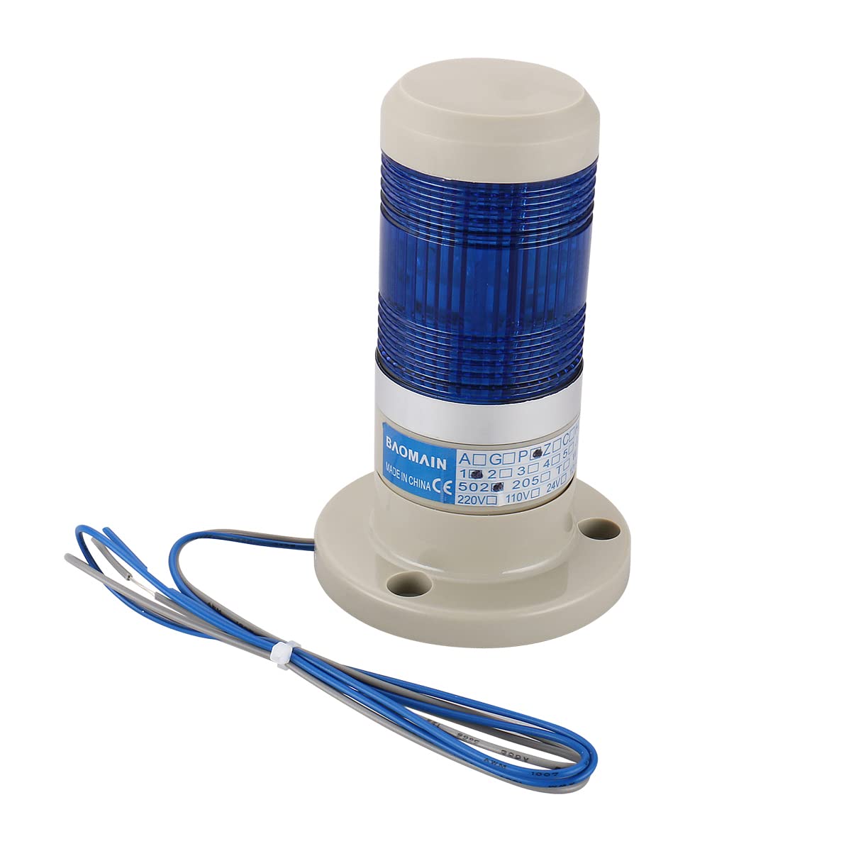 Baomain 220V AC Blue LED Industrial Signal Light Tower Lamp LTP-502T - Continuous Warning Light for Factory Equipment, Machinery Safety & Hazard Alert Systems