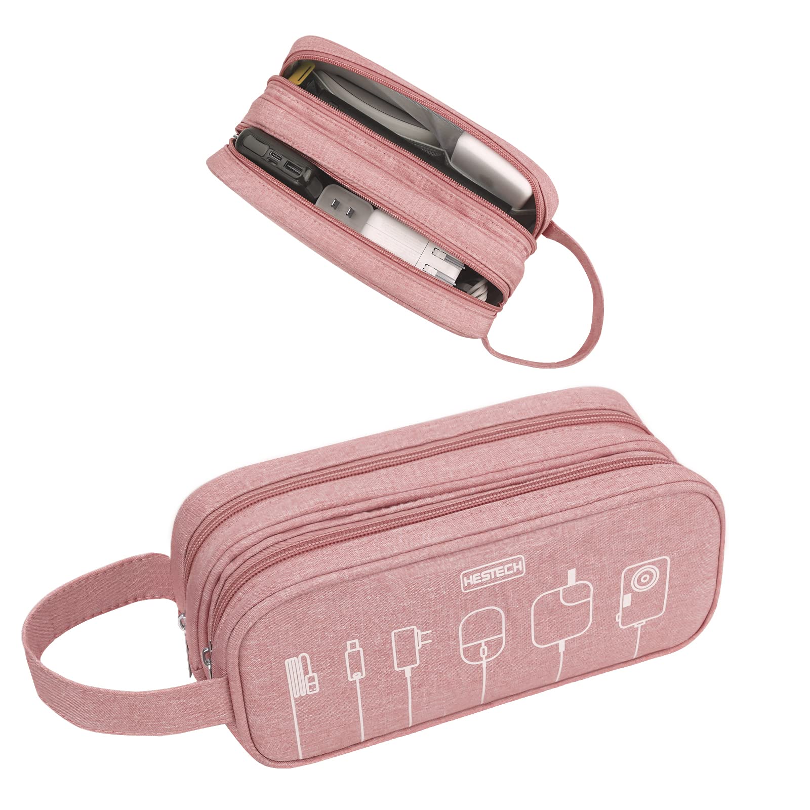 HESTECH Waterproof Electronics Organizer Bag - Pink Medium Double Layer Travel Charger Case for Phone, Mouse, Earbuds, USB Drive - Perfect for Office, Travel & Daily Storage Needs