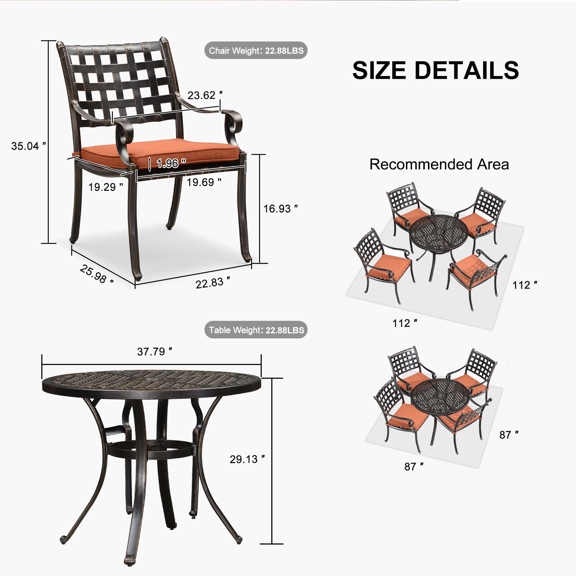 PURPLE LEAF 5-Piece Outdoor Dining Set - Cast Aluminum Patio Furniture with 4 Armchairs & 37