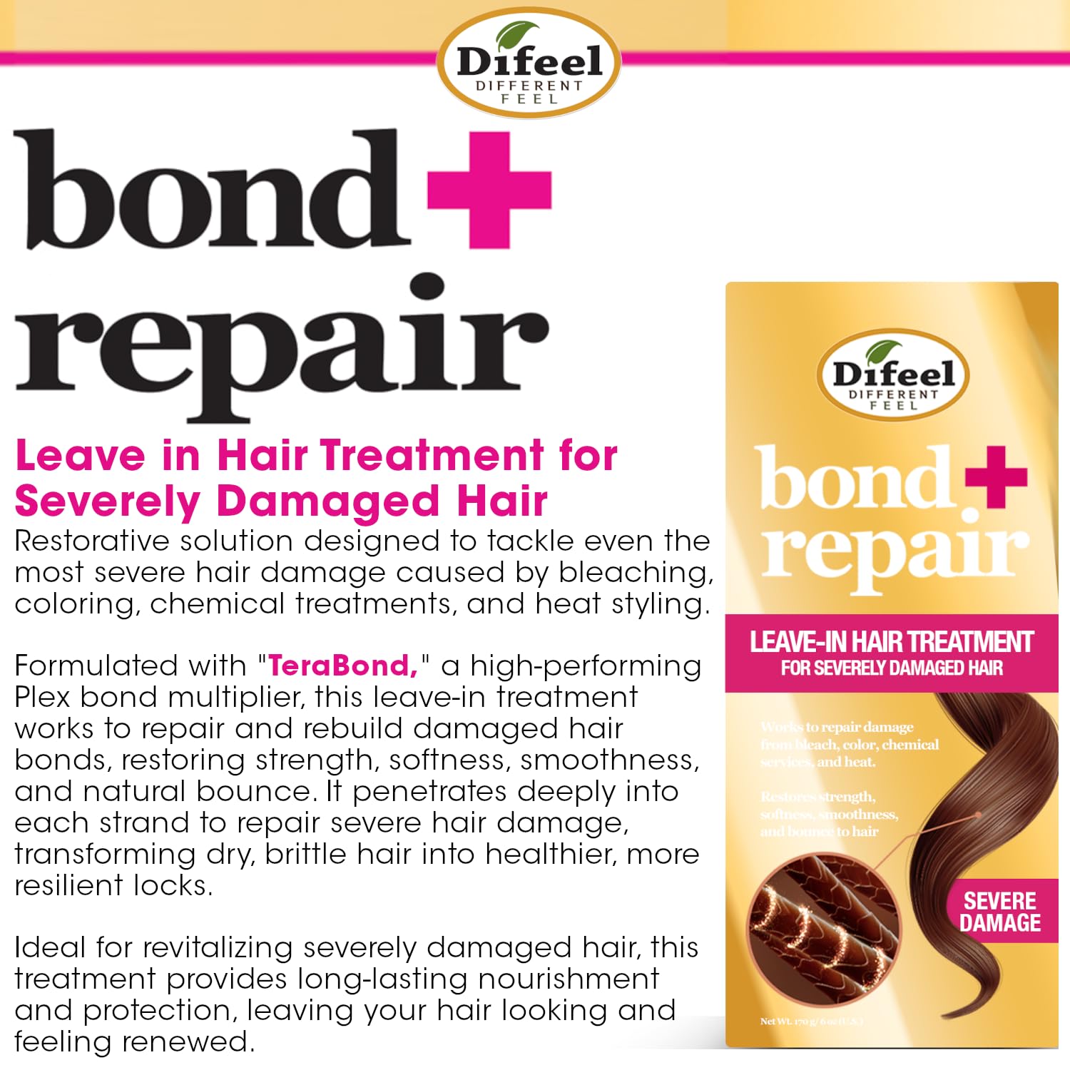 Difeel Bond & Repair Leave-In Hair Treatment for Severely Damaged Hair - 2.5 oz Deep Bond Hair Repair Treatment with Bond Rebuilder | For Dry, Brittle, Chemically Treated & Heat Styled Hair