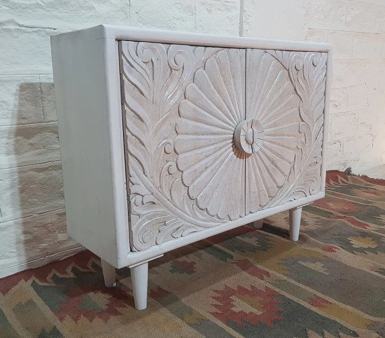 Handmade Indian Carved Vintage Small Sideboard - Hand Carved Wooden Cabinet for Living Room, Bedroom & Entryway Storage | Antique Style Home Decor Furniture