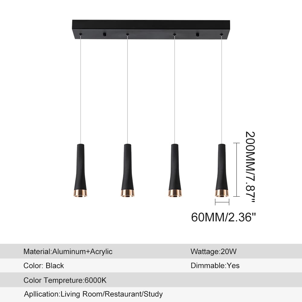 4 Head Adjustable Black Island Pendant Lights - 20W 2500lm Modern Kitchen Lighting Fixture for Dining Room, Office, Living Room & Bedroom - 110V 6000K Cool White - Perfect for Kitchen Islands, Countertops & Workspaces
