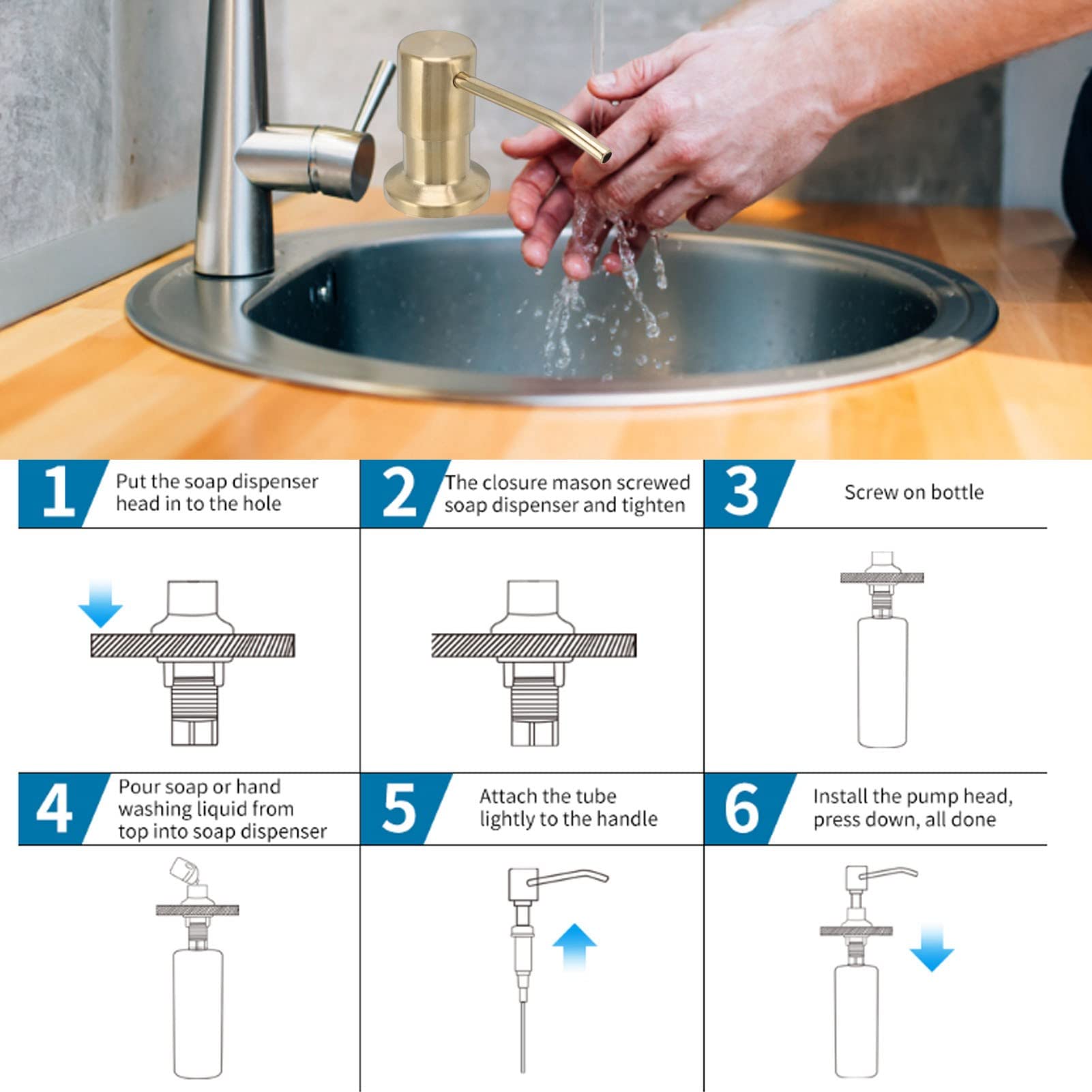 360° Rotating Stainless Steel Soap Dispenser for Kitchen Sink - 300ml Built-in Soap Pump with Durable Gold Finish | Perfect for Liquid Dish Soap, Hand Soap & Kitchen Cleaning Essentials