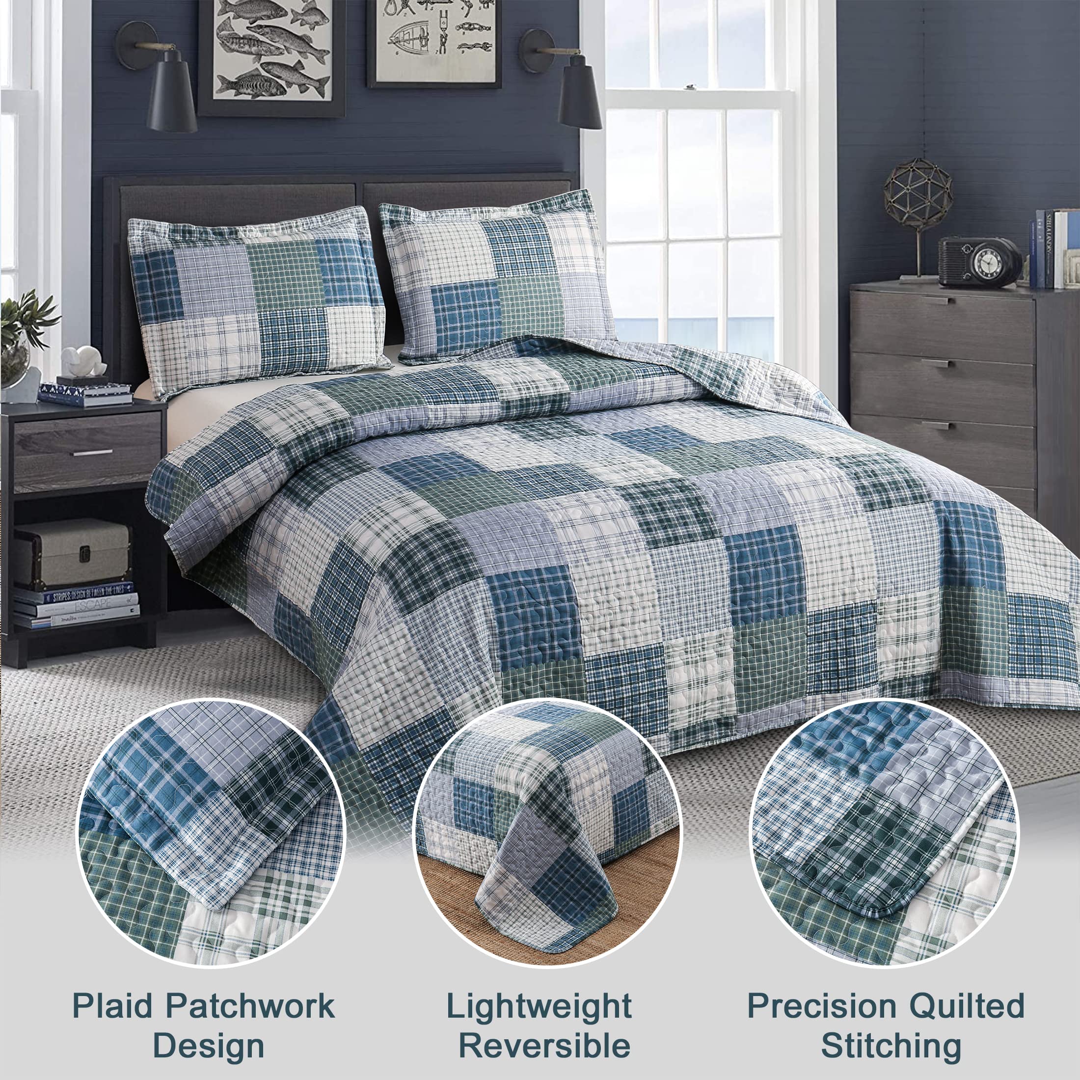 Queen Size Reversible Plaid Quilt Set - Lightweight Soft Patchwork Bedspread Coverlet with 2 Pillow Shams | Modern Home Bedding for Men & Boys | Cozy Bedroom Decor for All Seasons