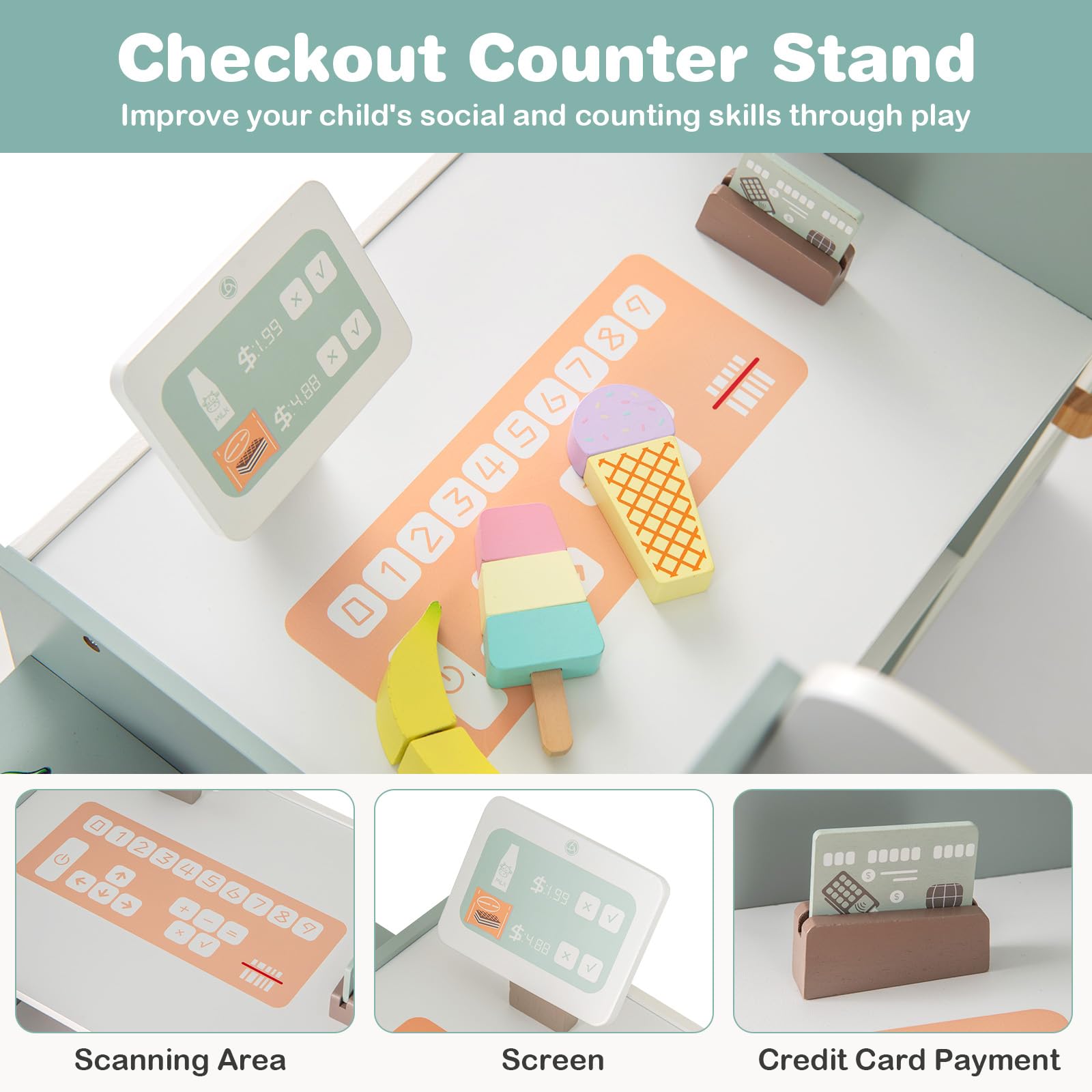 INFANS Wooden Grocery Store Playset for Kids - Supermarket Pretend Play with Cash Register, Coffee Machine, Vending Machine & Play Food Accessories - Educational Toy Gift for Toddler Boys & Girls - Perfect for Role Play, Classroom Learning & Birthday Gifts