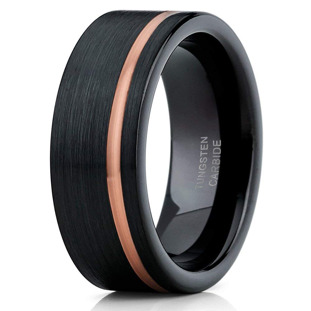 Rose Gold Tungsten Wedding Band for Men & Women - 18k Rose Gold Plated Black Tungsten Ring - Anniversary & Engagement Ring - Comfort Fit Design - Perfect for Weddings, Proposals & Special Occasions