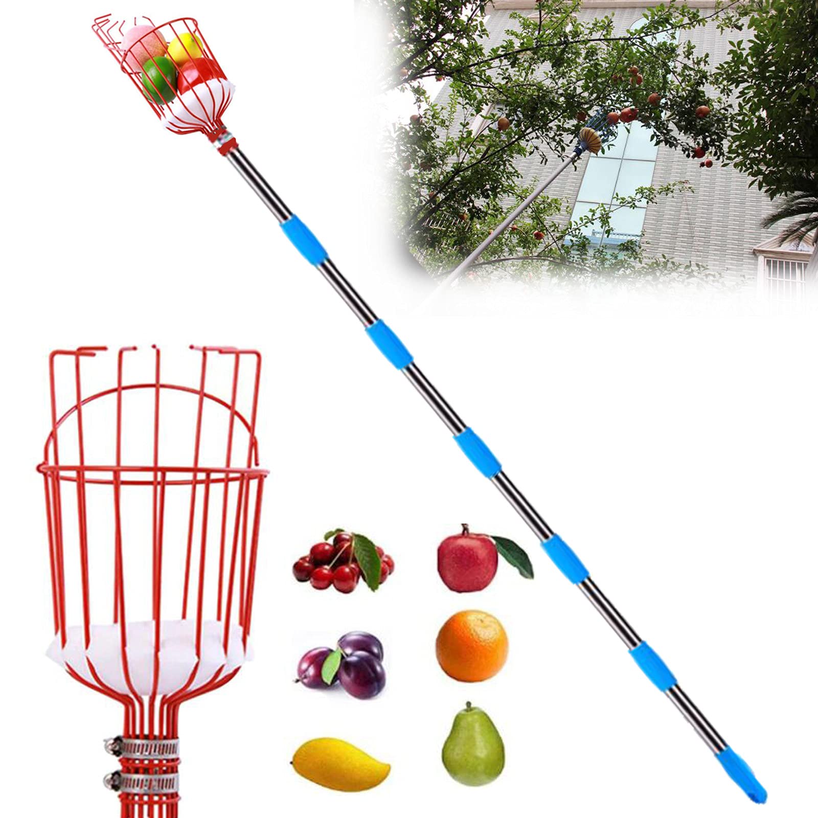 Stainless Steel Telescopic Fruit Picker with 6 Sections (2.4m) - Large Capacity Portable Fruit Harvesting Tool for Apples, Oranges & Pears - Easy Ground-Level Picking from High Branches - Perfect for Home Gardeners & Orchard Workers