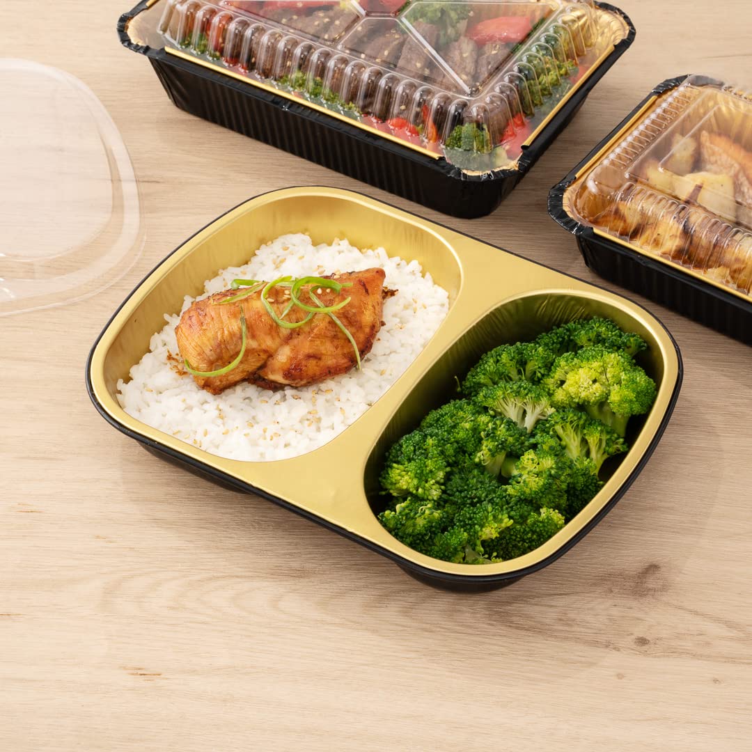 Restaurantware Foil Lux 28oz Aluminum Food Containers - 100 Pack Rectangle Foil Trays with 2 Compartments (Lids Sold Separately) | Oven-Safe Black & Gold Baking Pans for Meal Prep, Catering, Takeout & Party Serving