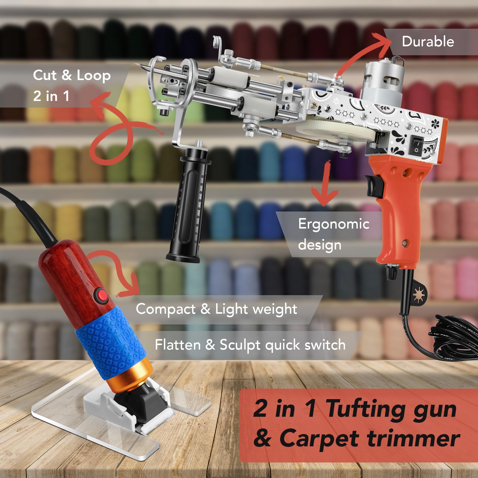 Premium Rug Tufting Gun & Carpet Trimmer Kit - 2-in-1 DIY Carpet Making Tool with Rug Shaver, Punch Needles & Fabric (Orange) - Perfect for Home Decor, Craft Projects & Custom Rug Creation