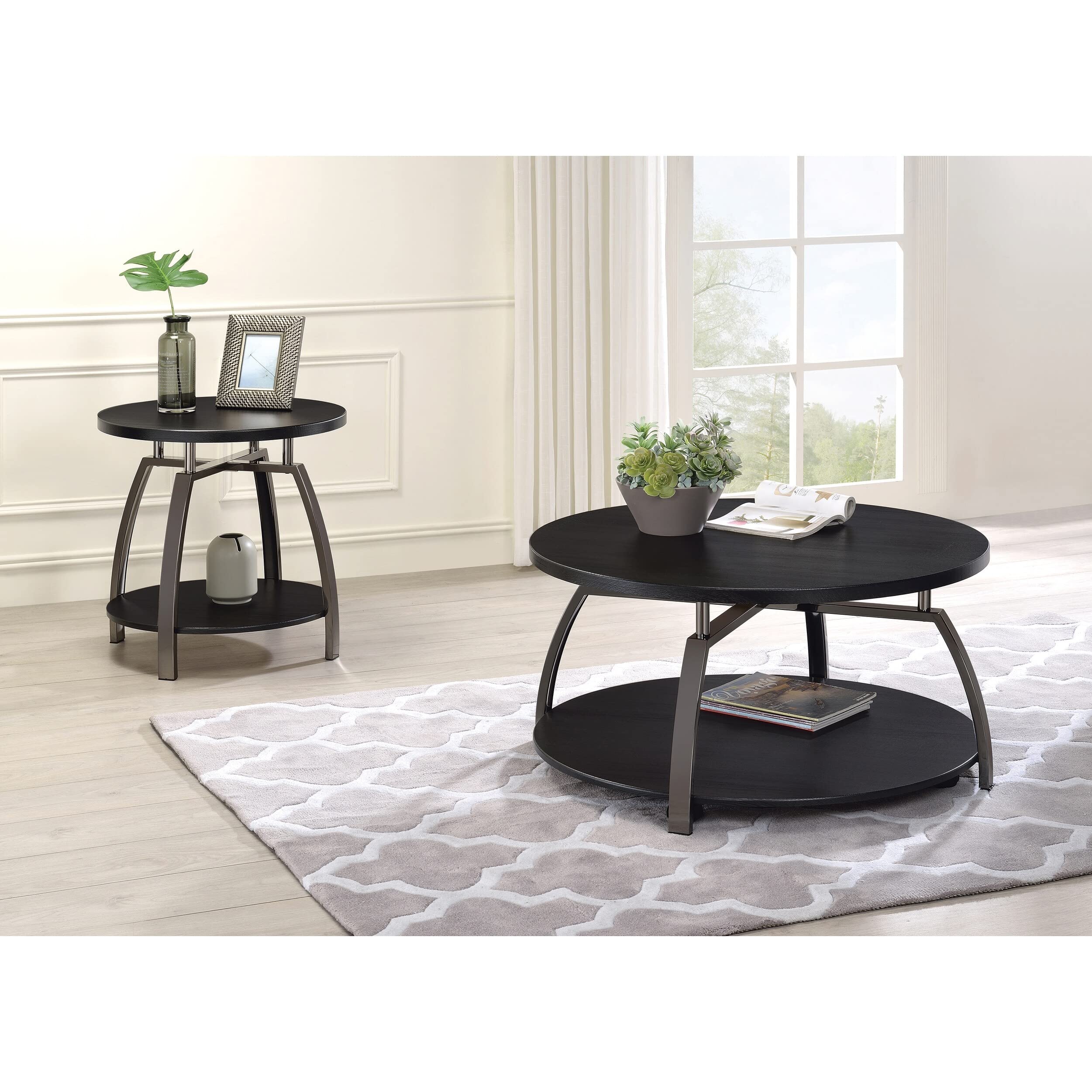 Industrial Modern Round End Table - Dark Grey & Black Nickel Finish with Polished Satin Shelf - Perfect for Living Room, Bedroom or Office Decor