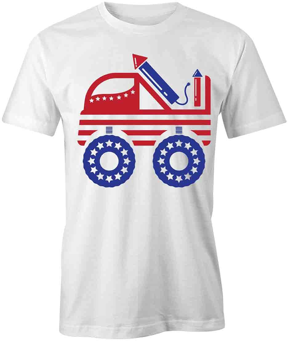 Big Truck Fireworks Graphic T-Shirt - White Printed Cotton Tee for Men | Casual Wear, Summer Outfits, 4th of July Celebrations
