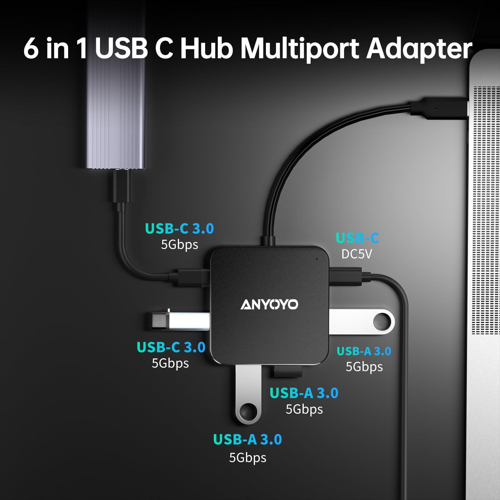 6-Port USB 3.0 Hub with 3 USB-A, 2 USB-C & 1 USB-C Power Port - High-Speed Data Transfer USB C Hub for Laptop, PC, Printer, Flash Drive - Perfect for Home Office, Gaming & Multi-Device Charging