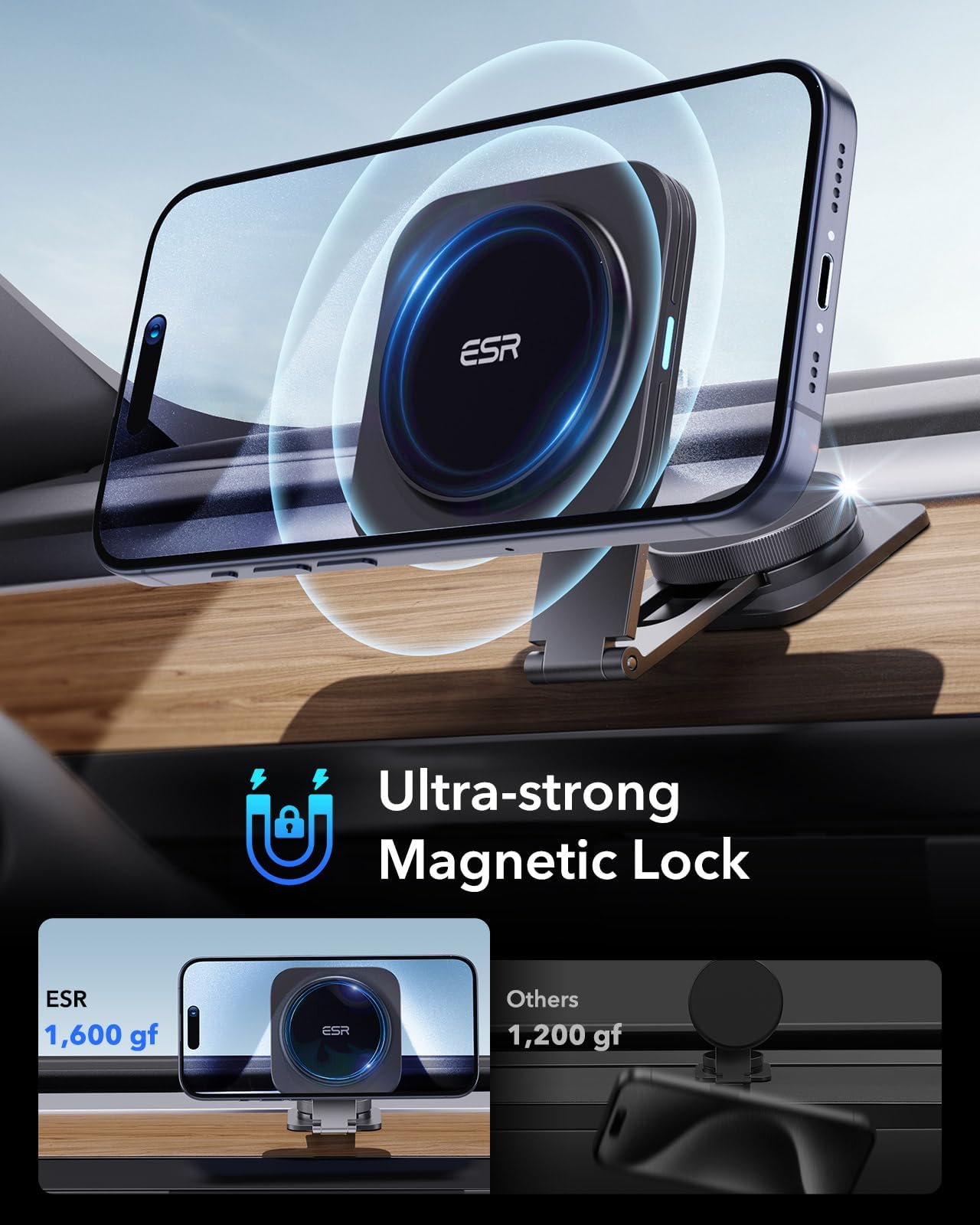 ESR MagSafe Car Mount Charger - Foldable Dashboard Magnetic Wireless Car Charger for Tesla & iPhone 15/14/13/12 - Strong Magnets Phone Holder (Black) | Perfect for Hands-Free Driving & GPS Navigation