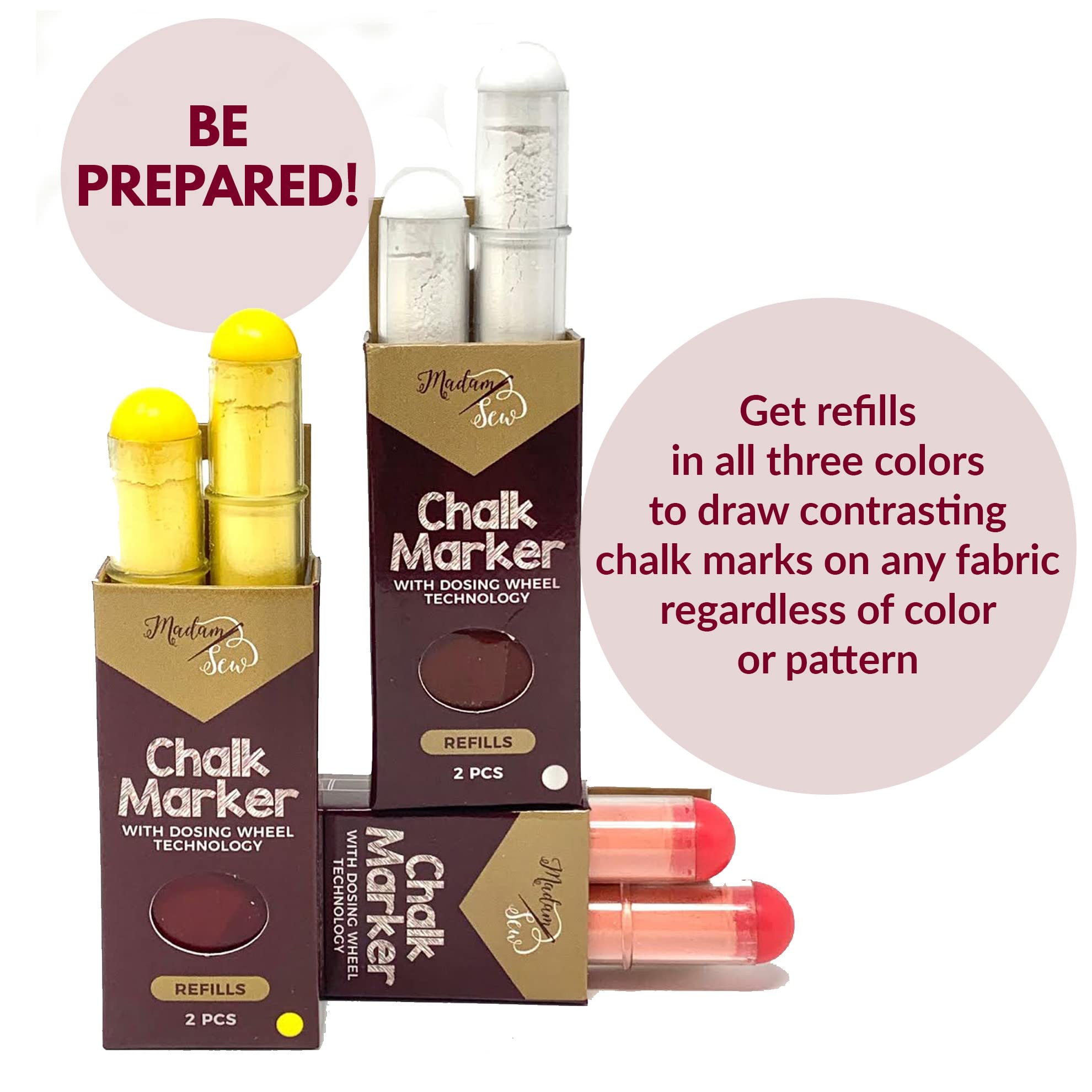 Madam Sew Fabric Chalk Markers for Sewing & Quilting | Refillable Tailor's Chalk with Dosing Wheel | Perfect for Marking Cotton, Knit & Suede Fabric | Ideal for DIY Sewing Projects, Dressmaking & Quilting Patterns [Red]