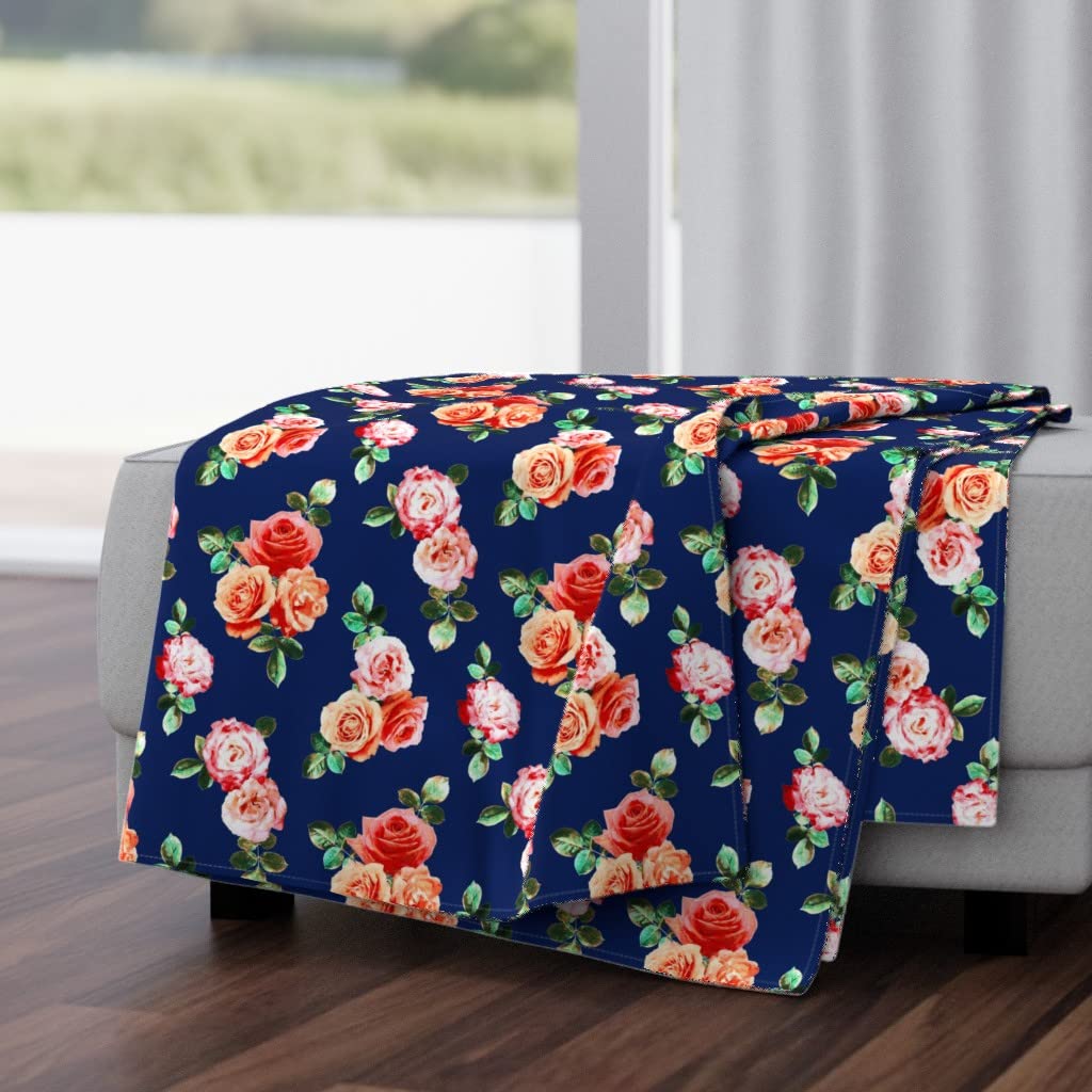 Luxe Velvet Throw Blanket 50x70 Inches - Vintage Rose Floral Navy Blue Retro Scattered Roses Design | Soft Cozy Blanket for Sofa, Bed, Couch & Home Decor
