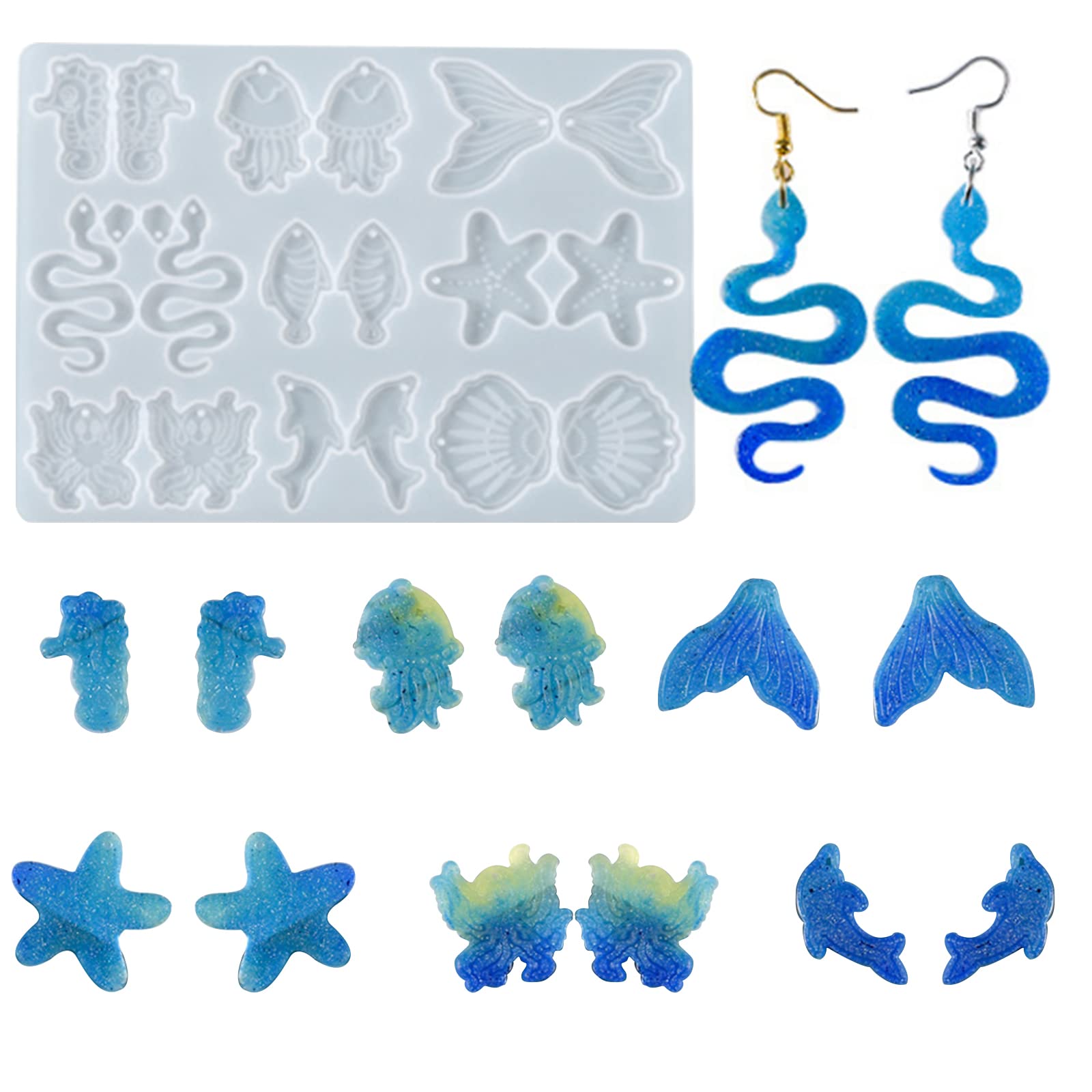 Ocean Series Resin Jewelry Molds - Silicone Jellyfish, Seahorse, Starfish, Scallop, Octopus & Mermaid Tail DIY Craft Molds for Earrings, Necklaces & Keychains - Perfect for Beach-Themed Jewelry Making & DIY Gifts