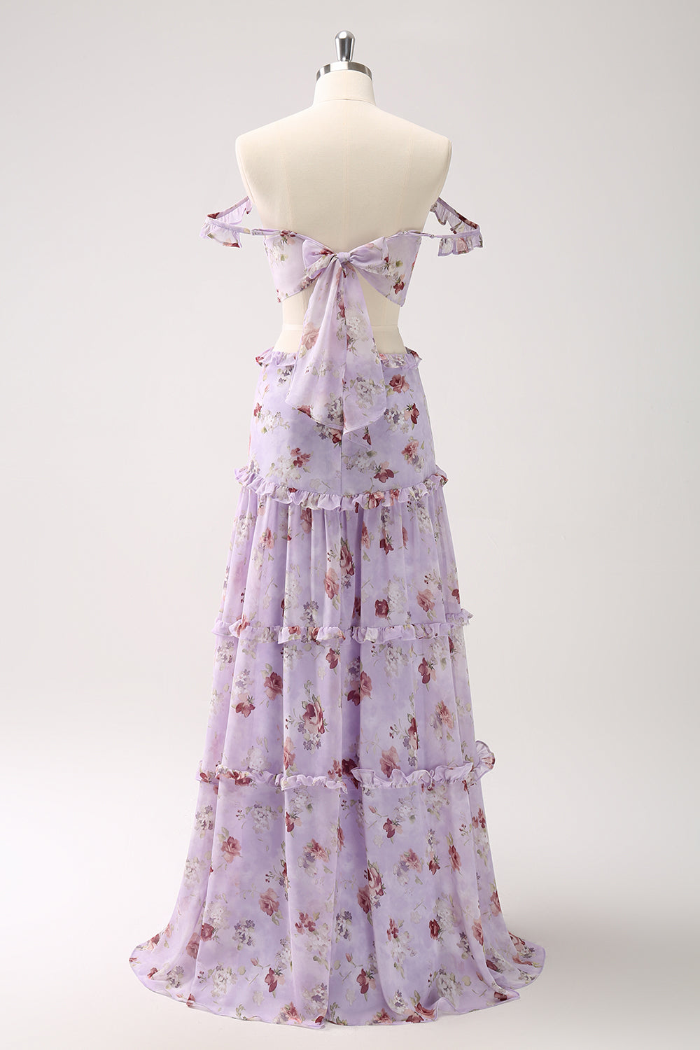 Elegant A-Line Grey Purple Floral Off-The-Shoulder Long Prom Dress for Homecoming, Formal Dances & Special Occasions