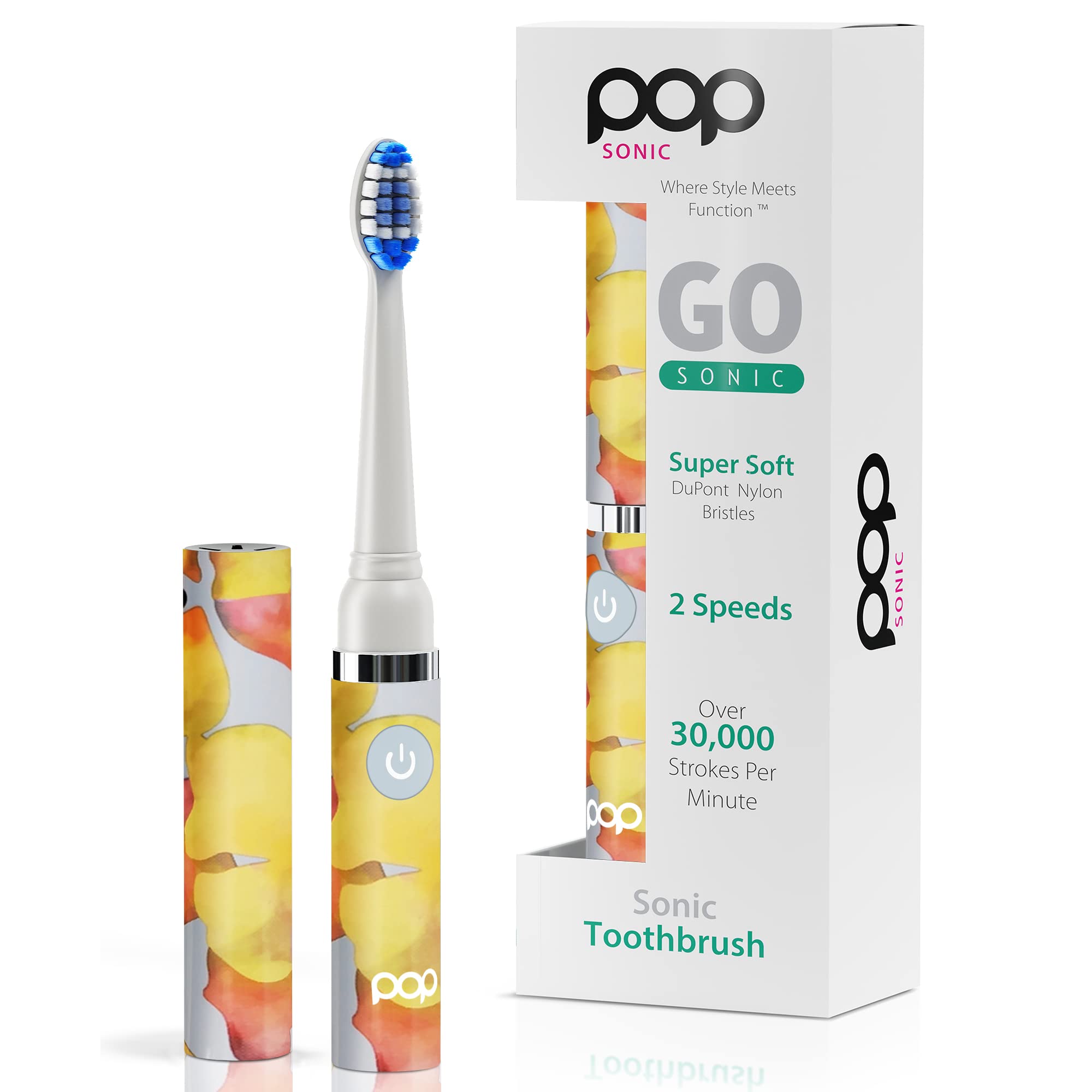 Pop Sonic Electric Toothbrush for Kids & Travel - 2 Speed Modes (15,000-30,000 RPM), DuPont Nylon Bristles, Battery Powered (Orange Watercolor Design) - Perfect for Home, School & Vacation Use