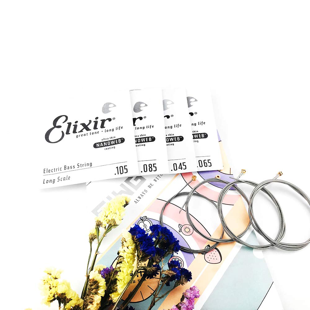 Elixir 14077 Nanoweb Coating Nickel Plated Steel Electric Bass Guitar Strings - Light/Medium Gauge 45-105 (4 Strings) | Long-Lasting Tone & Smooth Playability for Rock, Jazz & Studio Recording