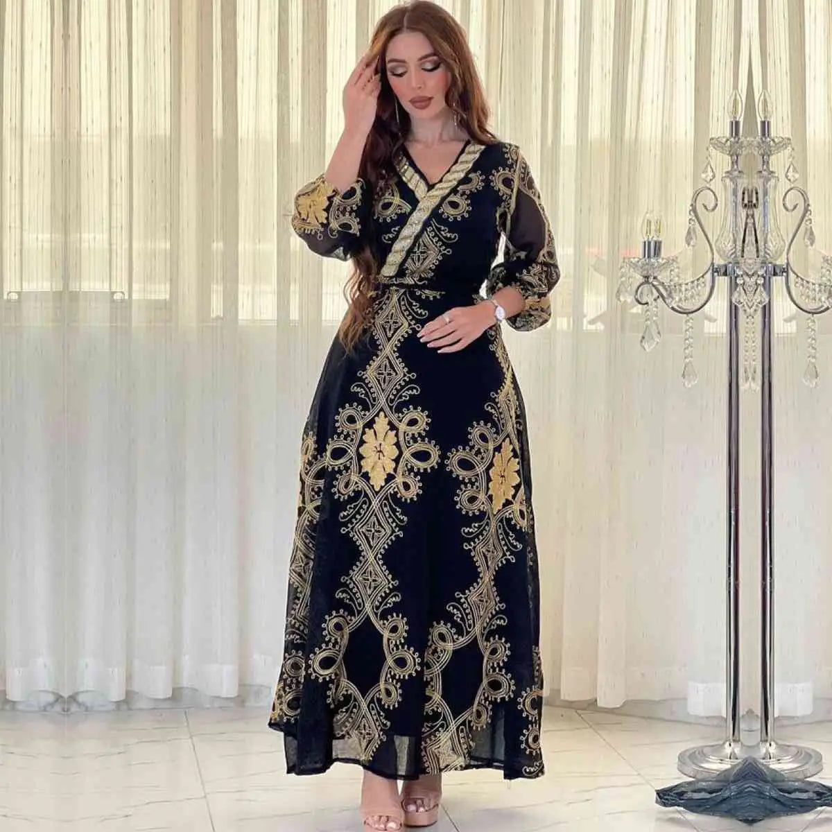 Elegant Eid Dress with Embroidery & Sequins - Flowy Caftan Kaftan Maxi Dress for Women | Perfect for Eid Celebrations, Weddings & Special Occasions