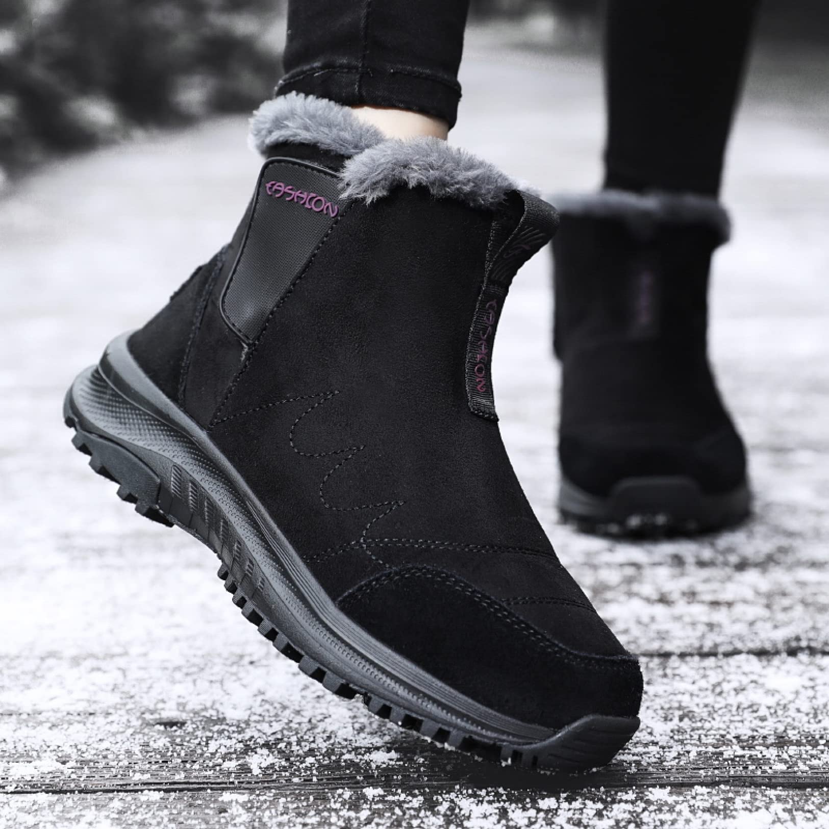 Women's Waterproof Winter Hiking Snow Boots - Warm Fur Lined Slip On Ankle Boots for Women - Non Slip Durable Outdoor Walking Shoes for Cold Weather, Snowy Trails & Casual Winter Fashion