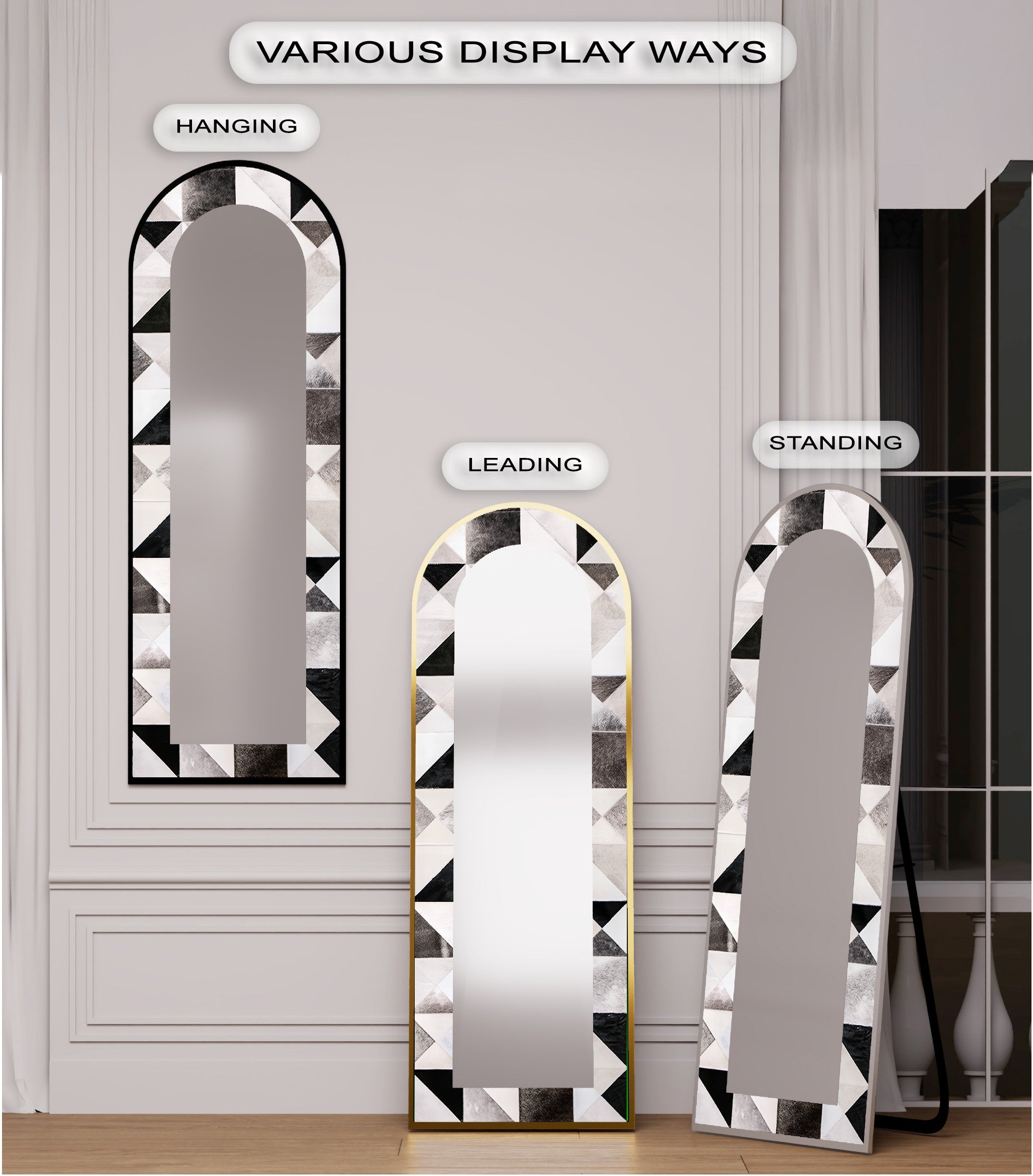 Black and White Patchwork Arch Floor Mirror - Full Length Standing Mirror for Bedroom, Living Room & Entryway Decor