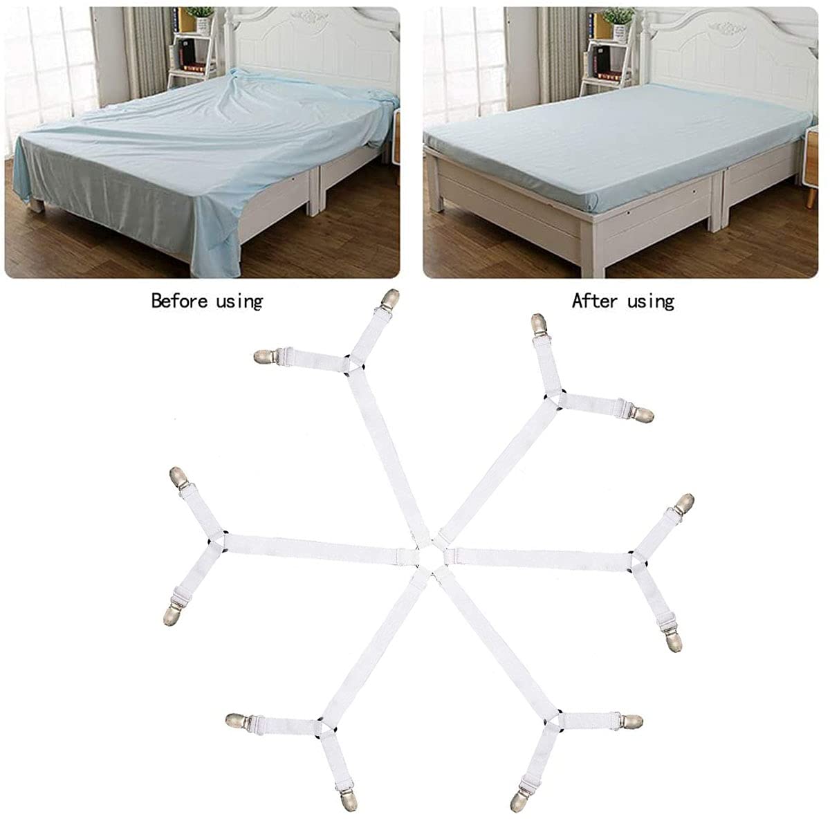 Adjustable Elastic Bed Sheet Straps for Queen/King Beds - 2 Pack (White) - Secure Sheets for Round & Square Mattresses