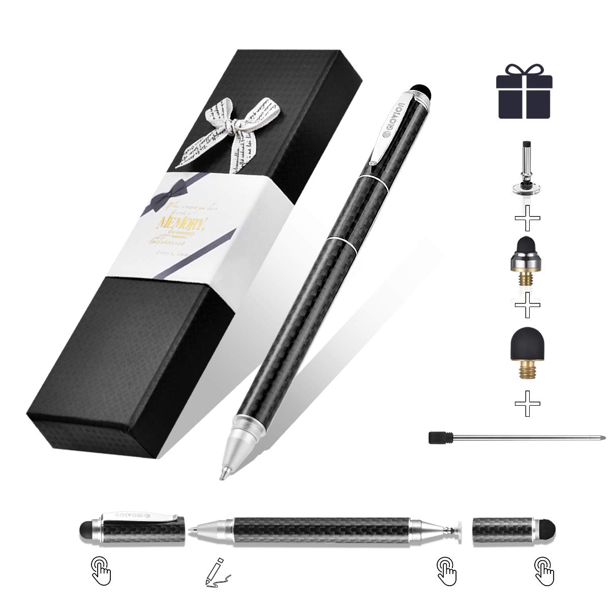 Premium Glovion Carbon Fiber Stylus Pen for iPad, iPhone & Android Tablets - Universal Touch Screen Stylus with 3 Interchangeable Tips (Clear Disc, Felt & Rubber) in Gift Box - Perfect for Drawing, Note-Taking & Digital Signatures