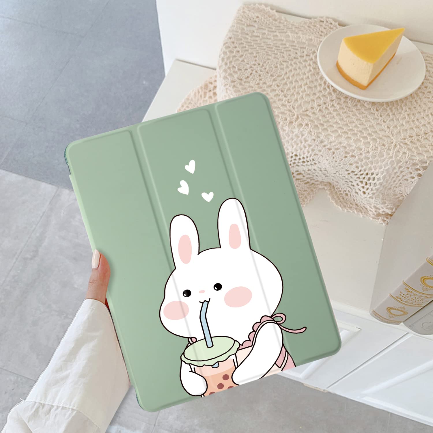 Cartoon Bunny iPad Air 3 Case with Pencil Holder - Green Leather Soft TPU Back Cover for iPad Pro 10.5 Inch (2017 Model) | Auto Sleep/Wake Function | Perfect for Work, School & Travel Protection