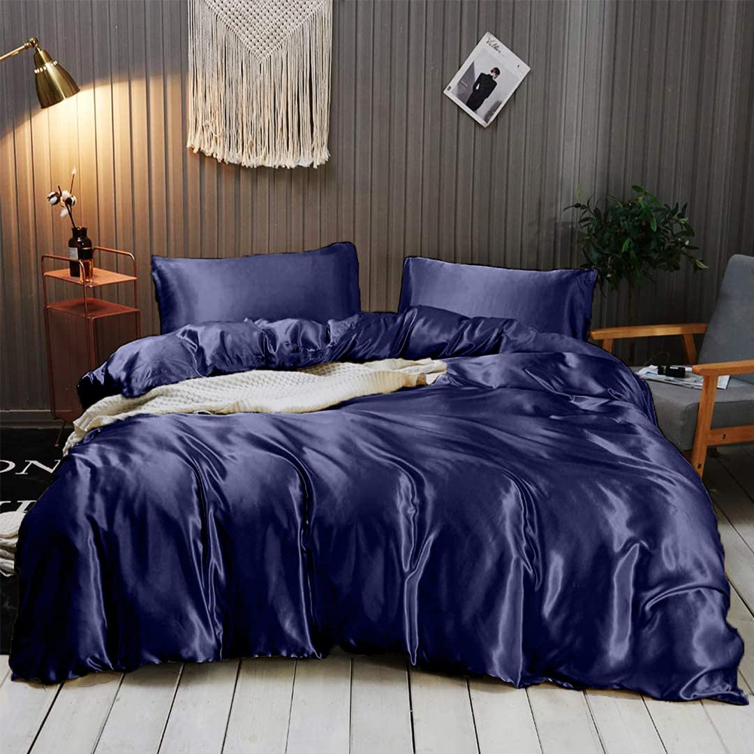 Luxury 7-Piece Silk Satin Sheet Set for Short Queen Beds - Deep Pocket Cooling Bedding - Wrinkle-Free Hotel Quality Navy Blue Duvet Cover & Pillowcases - Perfect for Hot Sleepers & Upscale Bedroom Decor
