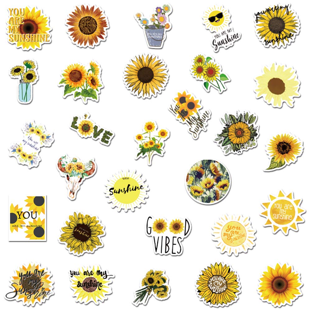 50-Pack Sunflower Stickers - Waterproof, Cute & Trendy Vinyl Decals for Teens & Girls - Perfect for Laptop, Hydro Flask, Phone, Skateboard & Travel - Extra Durable Aesthetic Stickers for School, Journals, DIY Crafts & Gift Wrapping