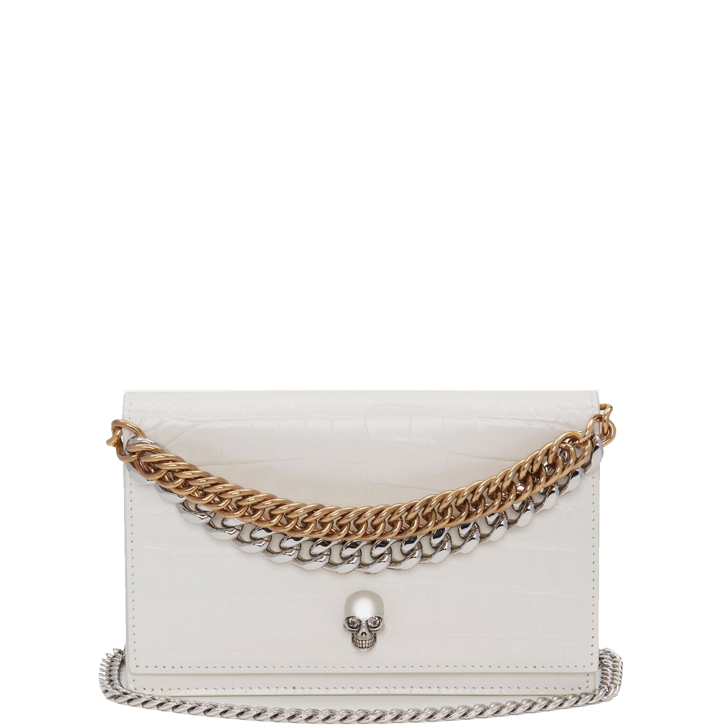 Skull Mini Bag with 2 Chains & Croc Embossed Design - Soft Ivory Crossbody Purse for Women | Perfect for Parties, Concerts & Night Out