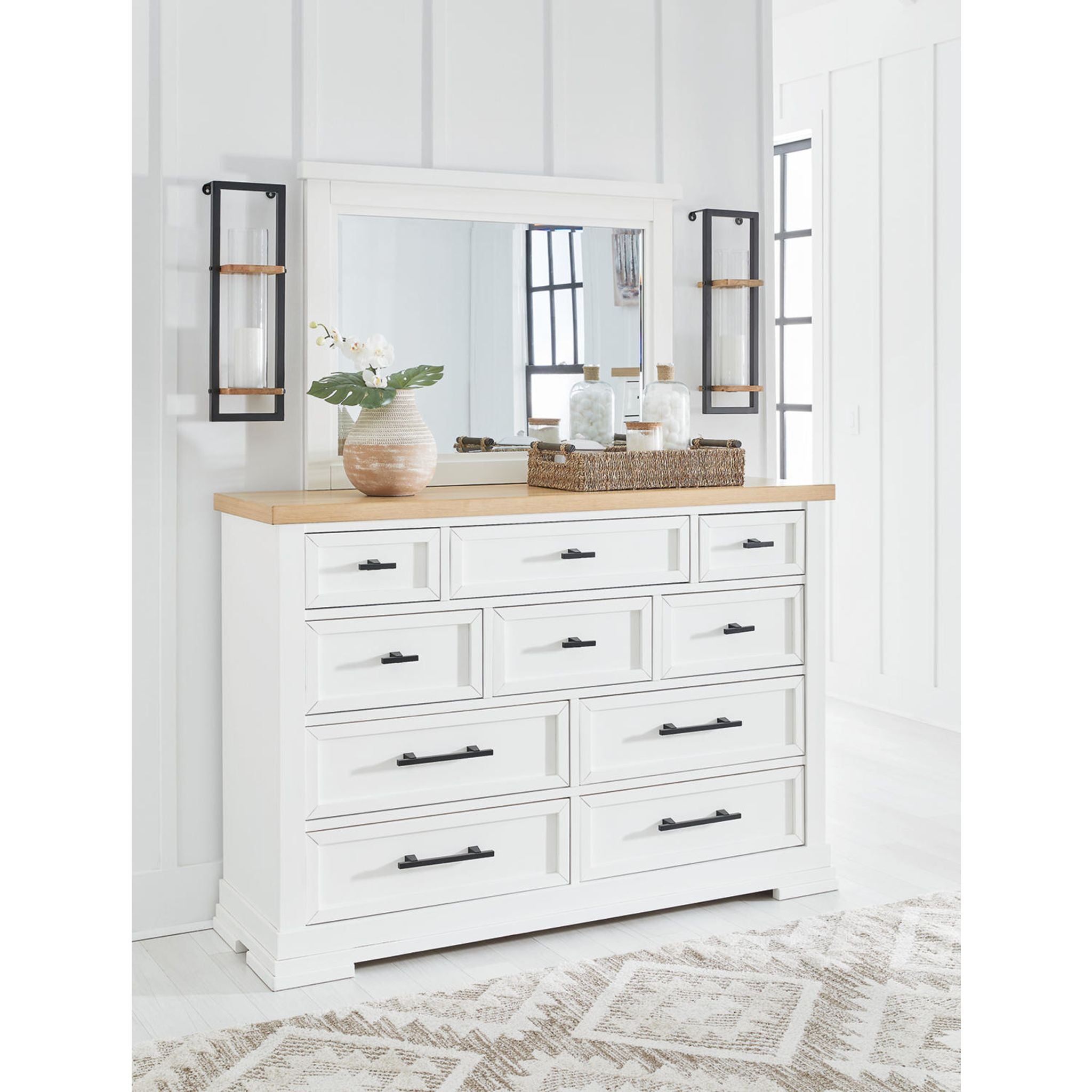 Ashbryn White and Natural Dresser with Mirror - Modern Bedroom Furniture for Home Organization & Storage