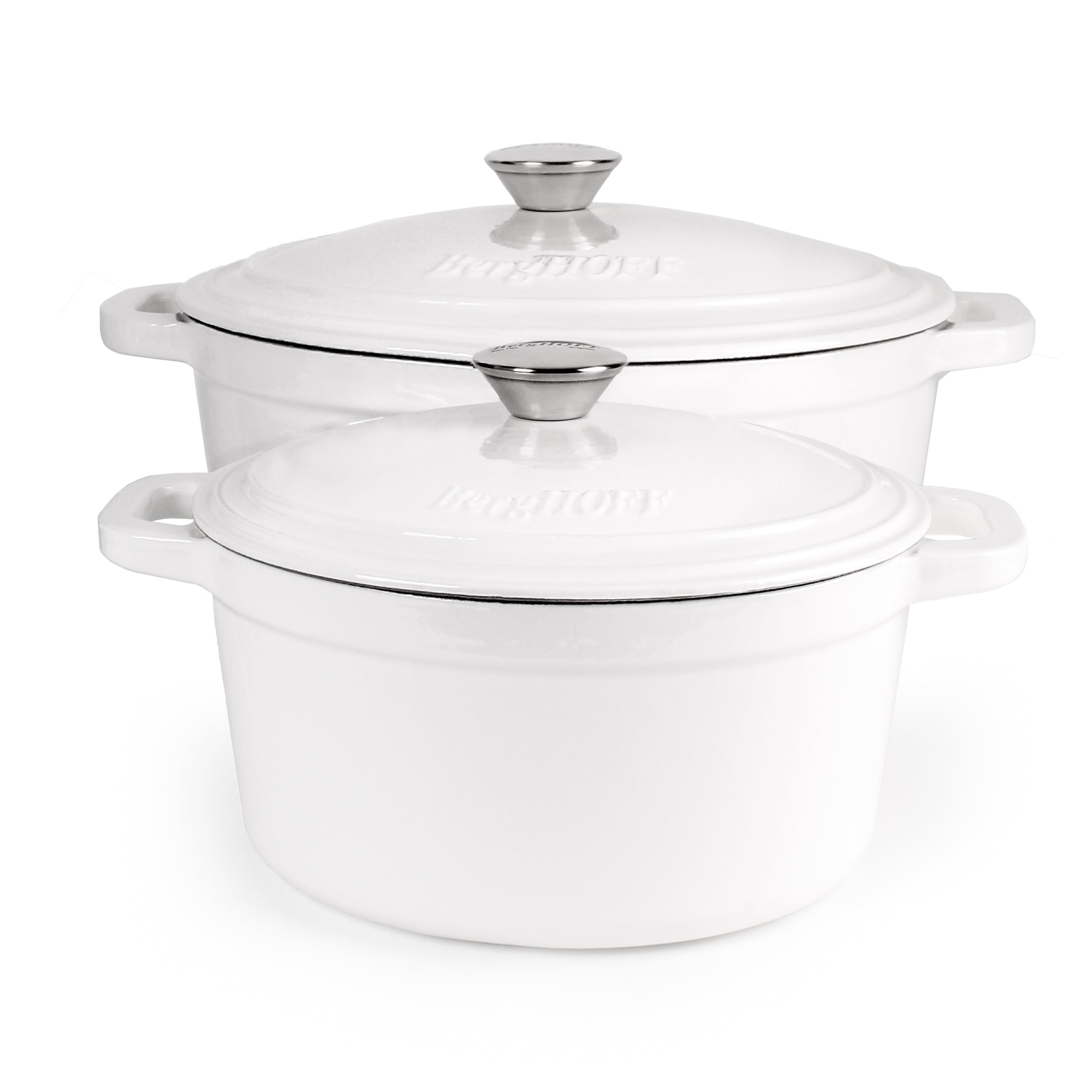 BergHOFF Neo 4-Piece Cast Iron Cookware Set - 3 Quart & 7 Quart Dutch Oven with Lid - Premium White Enameled Cookware for Stovetop, Oven & Serving - Perfect for Soups, Stews, Braising & Family Dinners