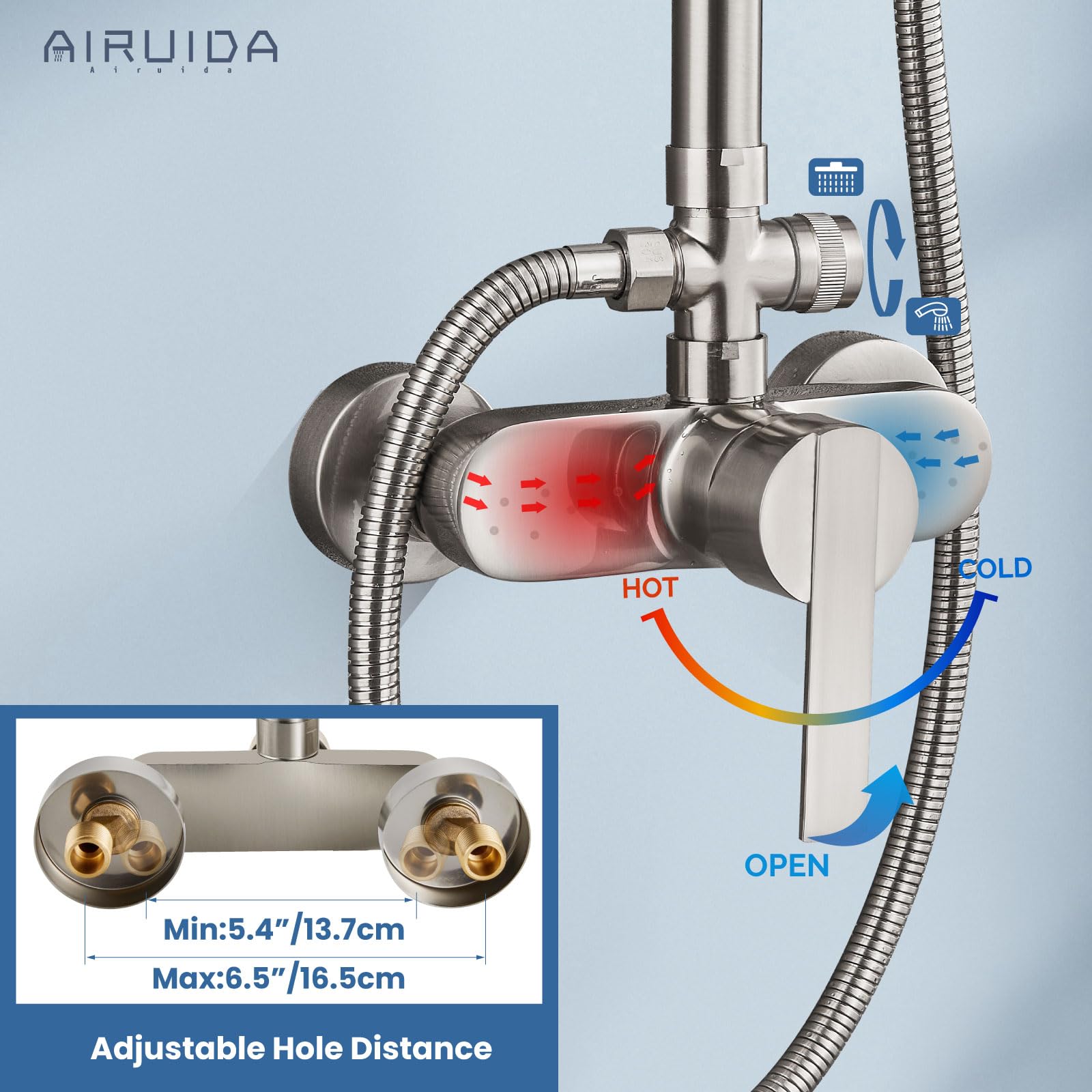 Airuida 8 Inch Brushed Nickel Rain Shower Head with Exposed Pipe System - Modern Adjustable Single Handle Shower Faucet Combo with Dual Functions - Perfect for Bathroom Renovation & Spa-Like Shower Experience