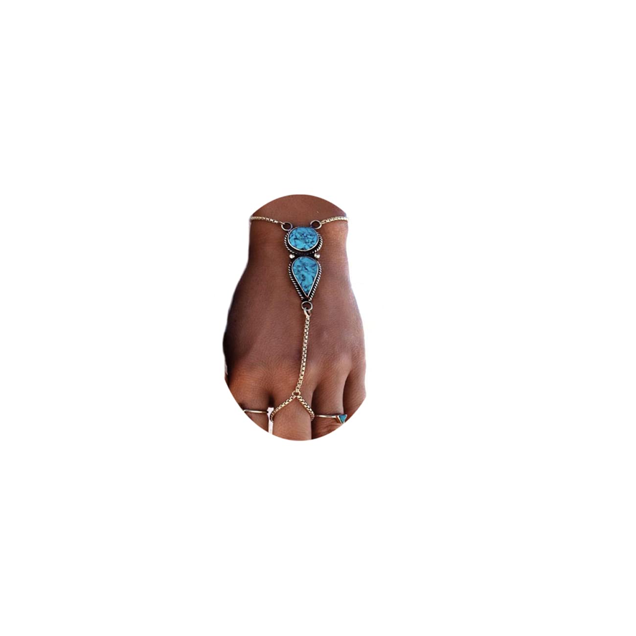 Boho Slave Bracelets for Women - Silver Turquoise Finger Ring Hand Chain Jewelry, Perfect for Summer Beach & Festival Fashion Accessories