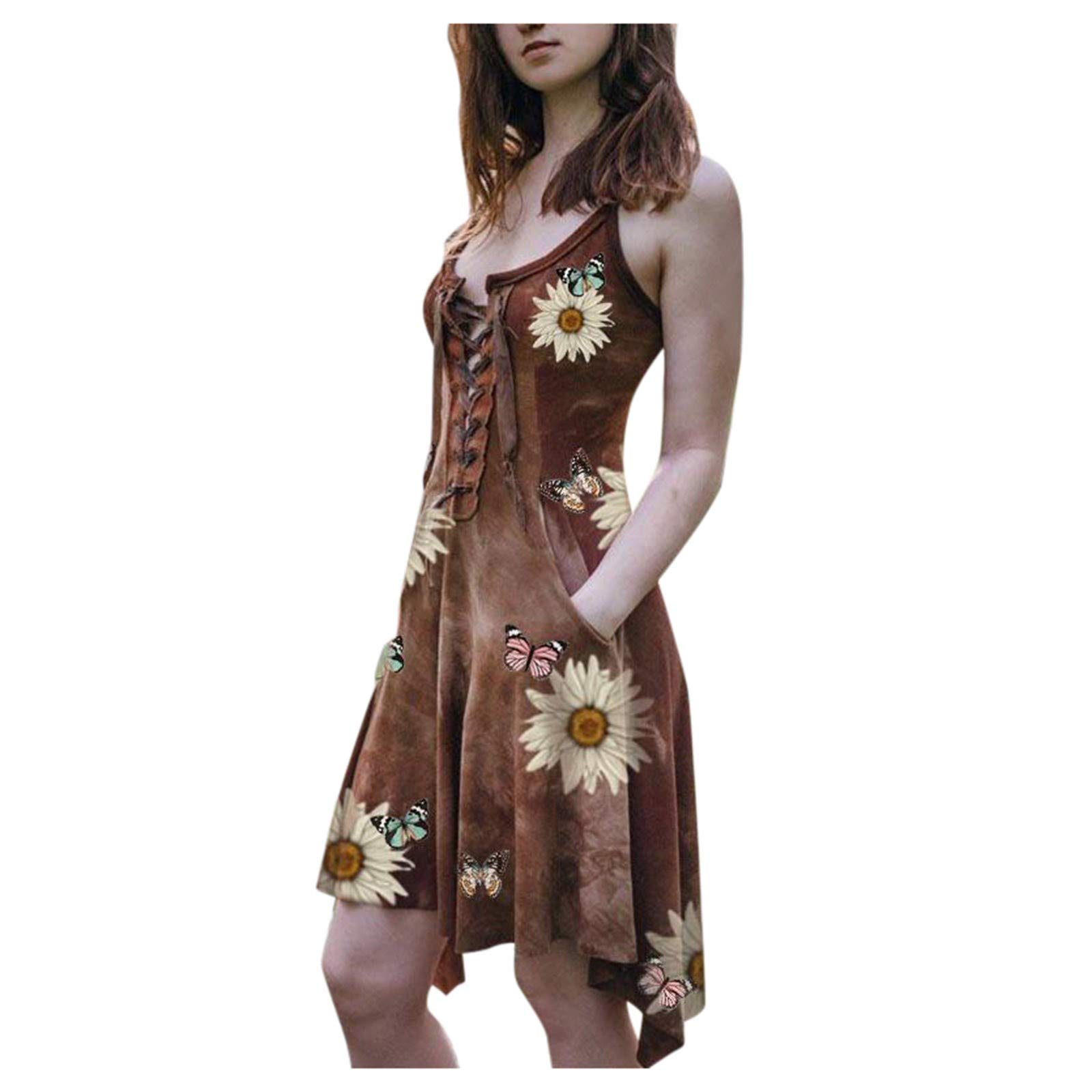 Behkiuoda Women's Sunflower Butterfly Print Suspender Dress with Irregular Hem - Perfect for Holidays, Vacations & Summer Outings