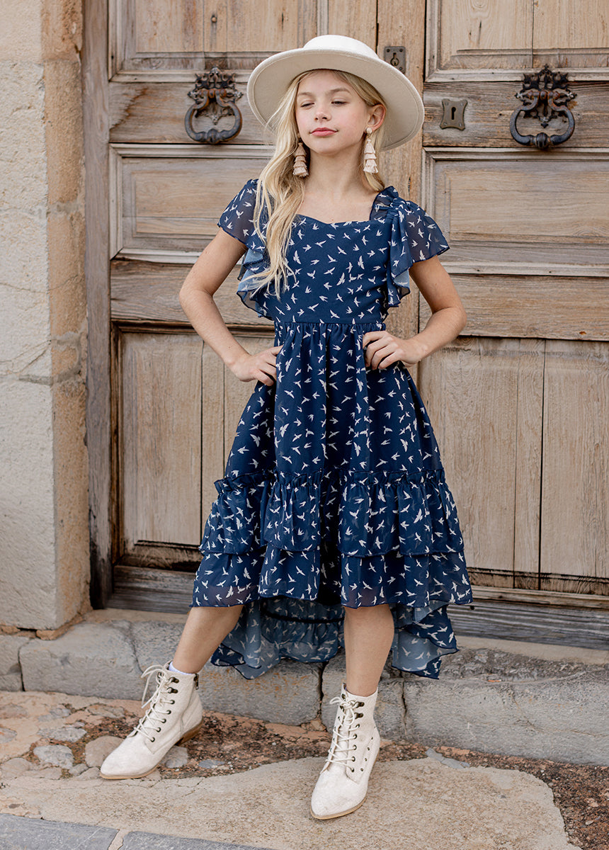 Dimia Women's Navy Blue Bird Floral Print Dress - Elegant Flowy Midi Dress for Casual Wear, Office, and Summer Outings